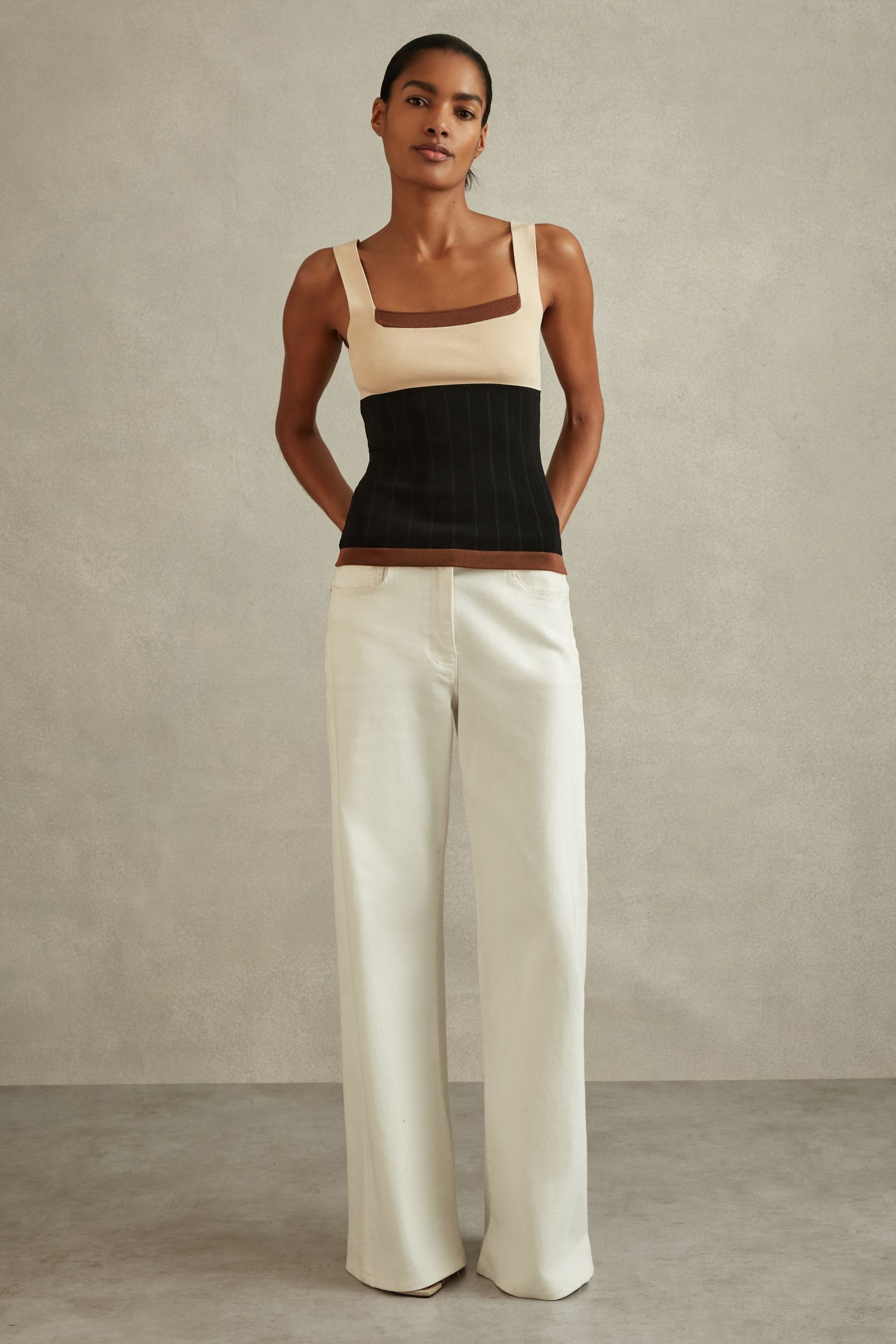 Reiss Nude/black Maki Colourblock Square Neck Vest In Nude/black