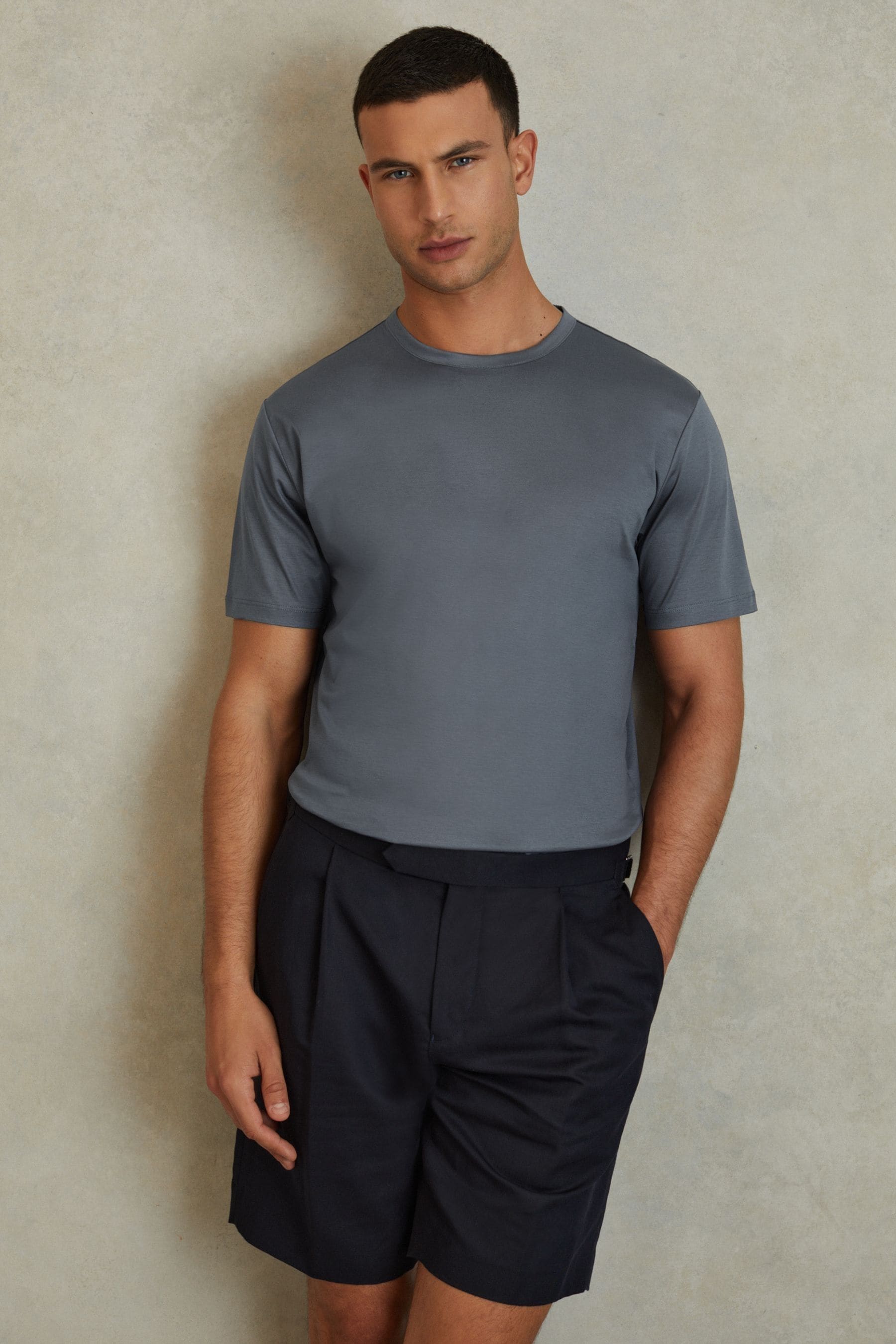 Reiss Capri - Airforce Blue Cotton Crew Neck T-shirt, L
