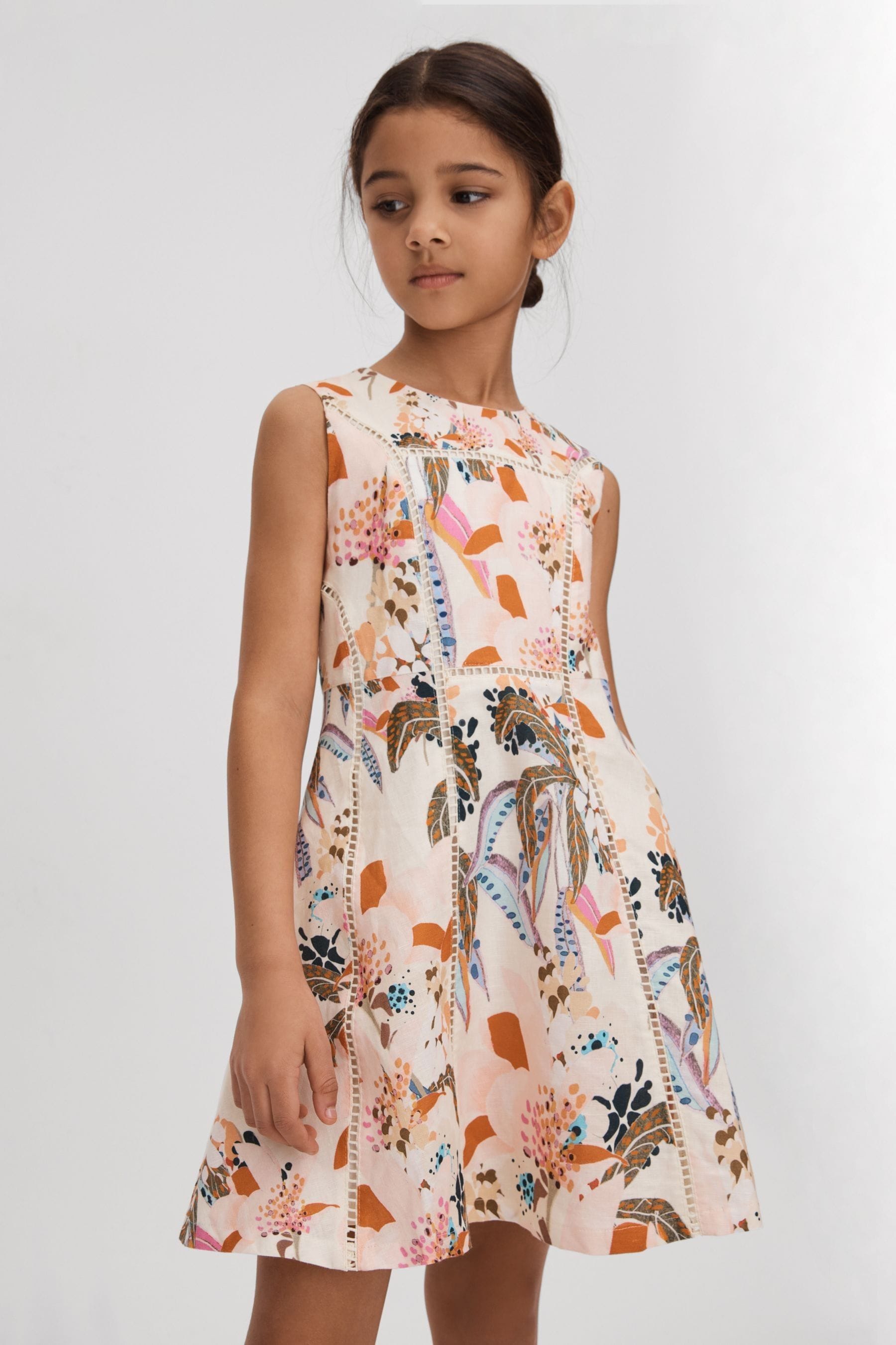 Shop Reiss Lor - Pink Print Junior Linen Cotton Stitch Dress, Age 5-6 Years