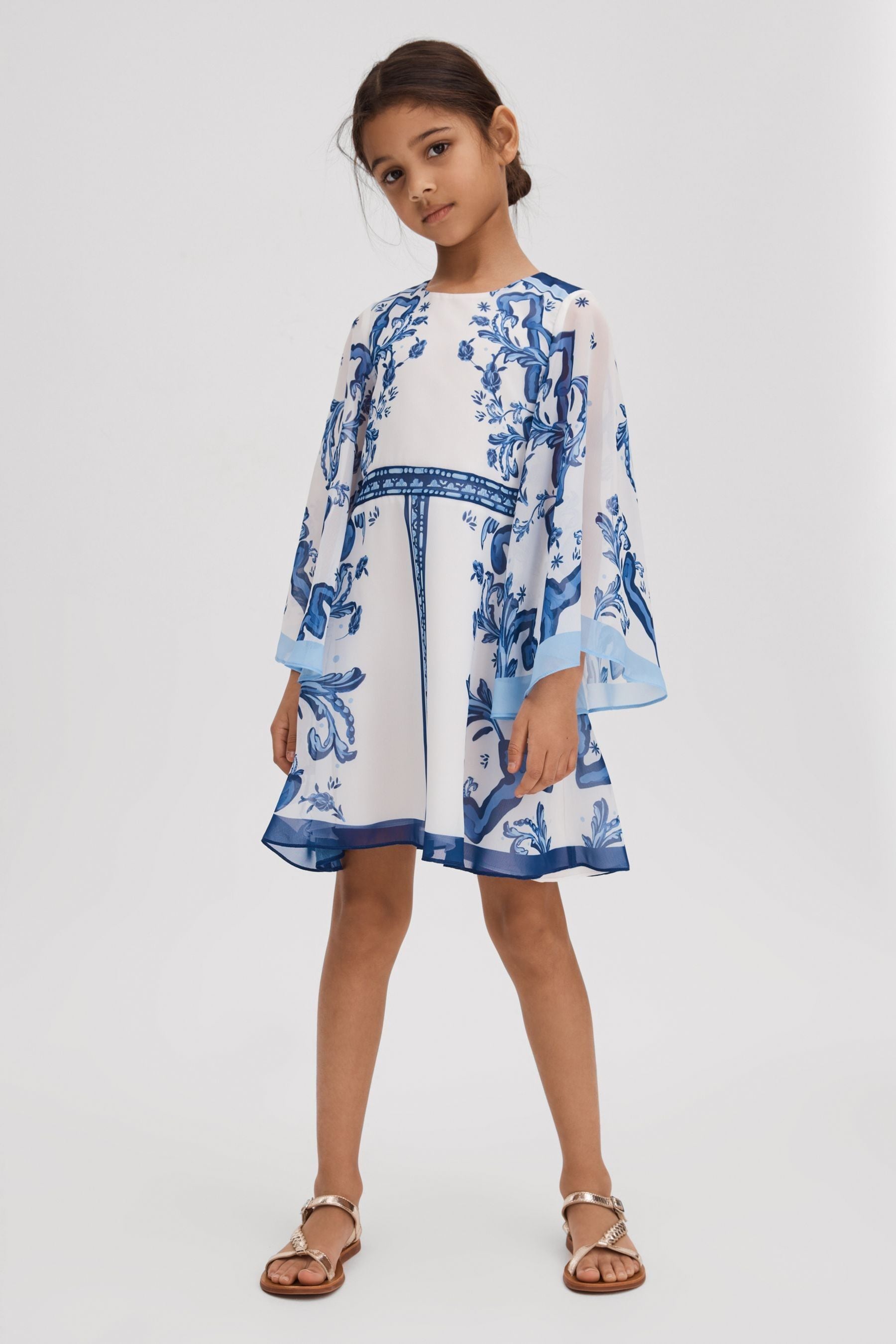 Reiss Kids' Andra - Blue Print Junior Tile Print Flare Sleeve Dress, 8