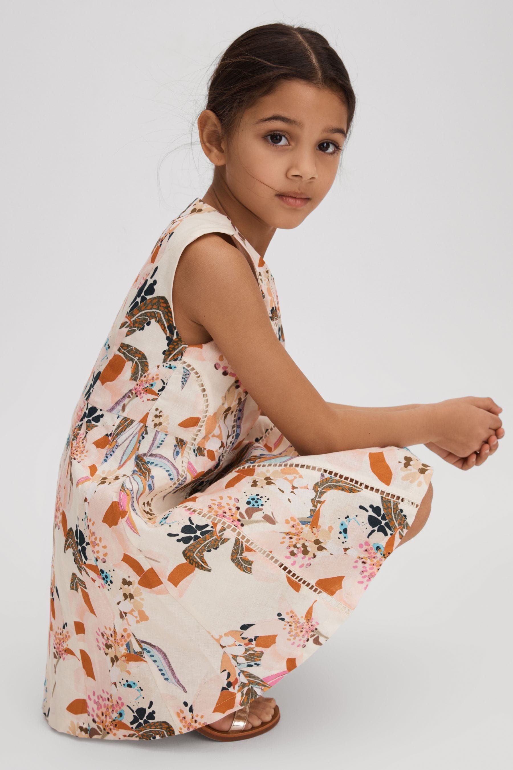 Reiss Kids' Lor - Pink Print Senior Linen Cotton Stitch Dress, Uk 11-12 Yrs