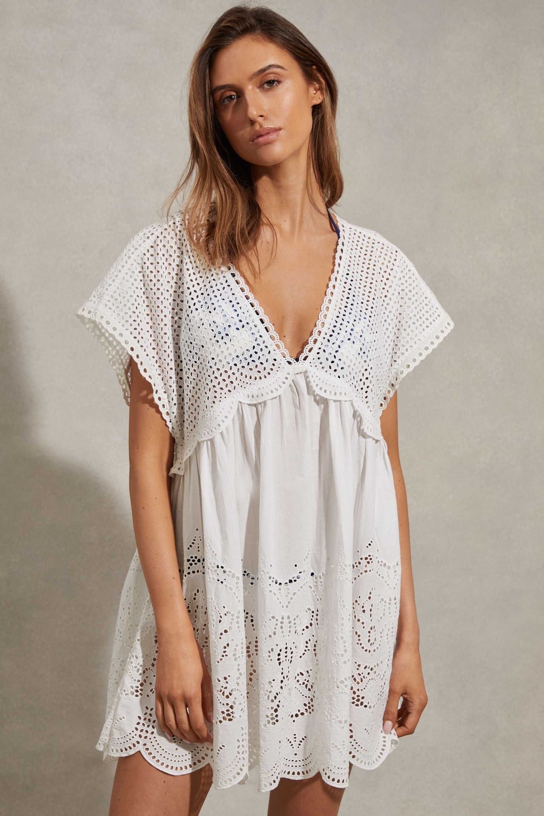 Shop Reiss Edie - White Broderie Mini Length Kaftan, M