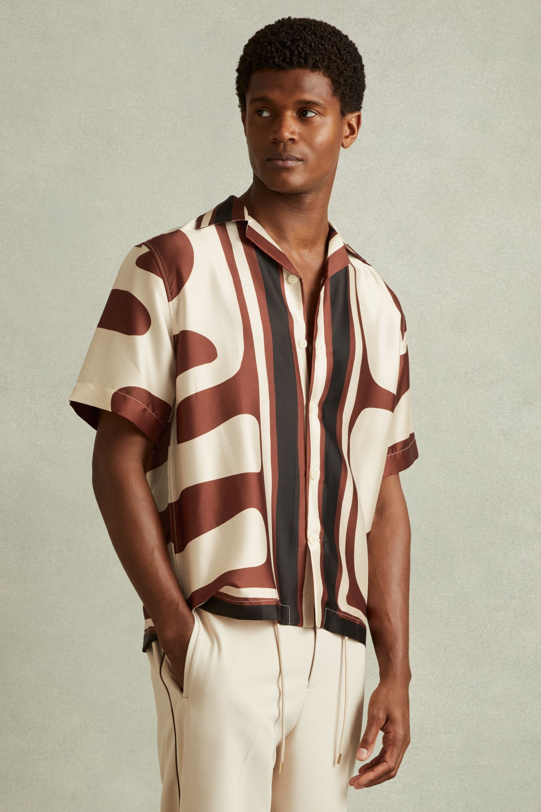 Reiss Rust/navy Tom Relaxed Printed Cuban Collar Shirt In Rust/navy