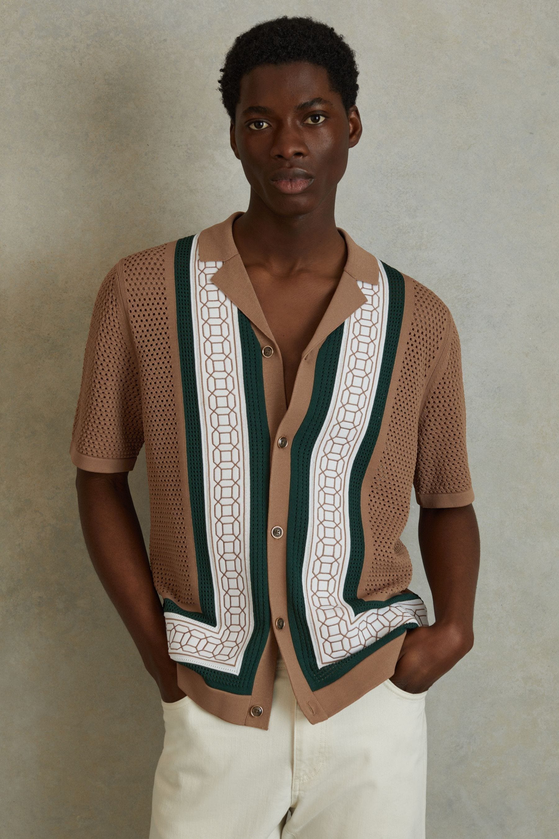 Reiss Jensen - Camel/green Embroidered Cuban Collar Shirt, Xs In Brown