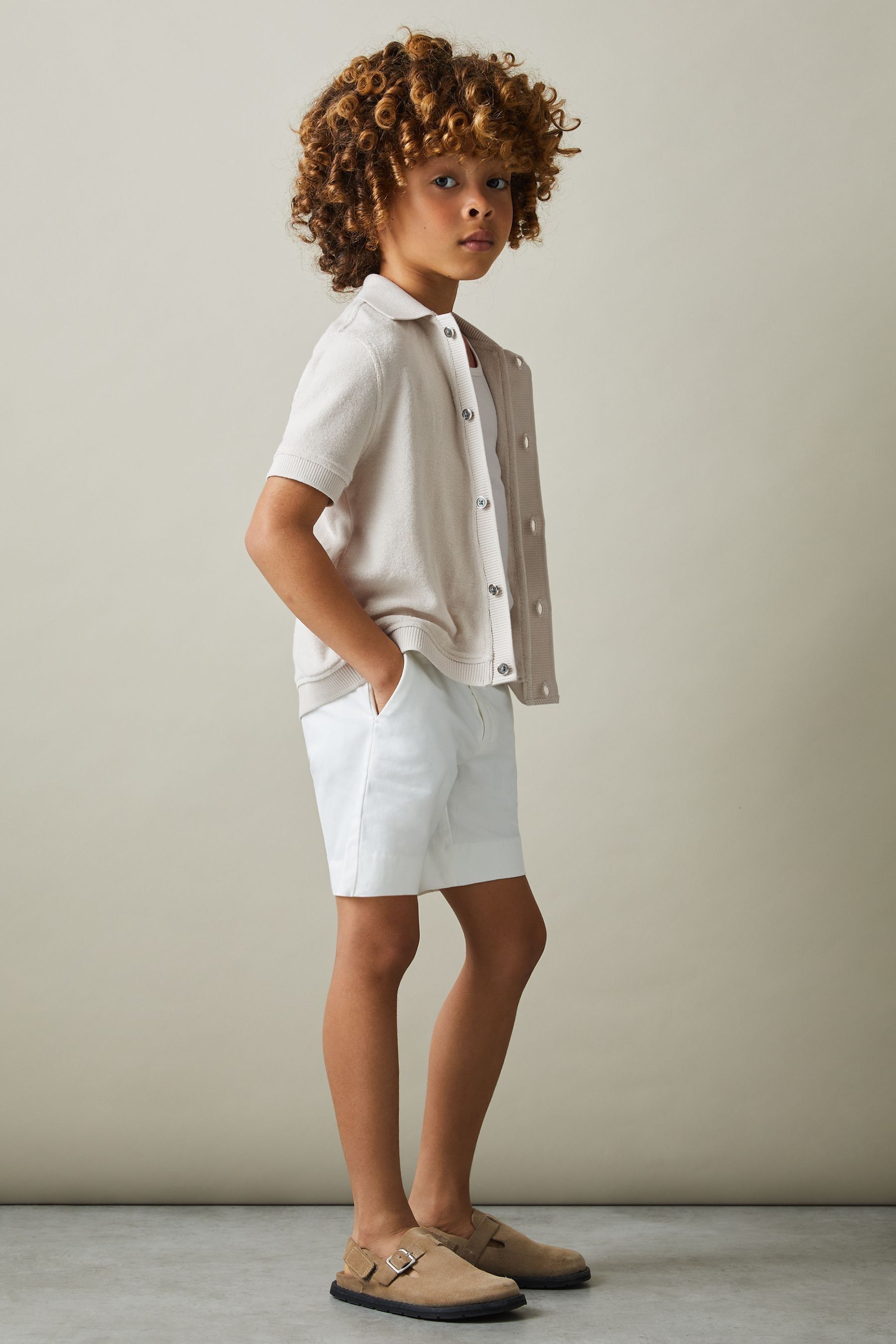 Reiss Kids' Eden - Off White Towelling Cuban Collar Shirt, Age 4-5 Years