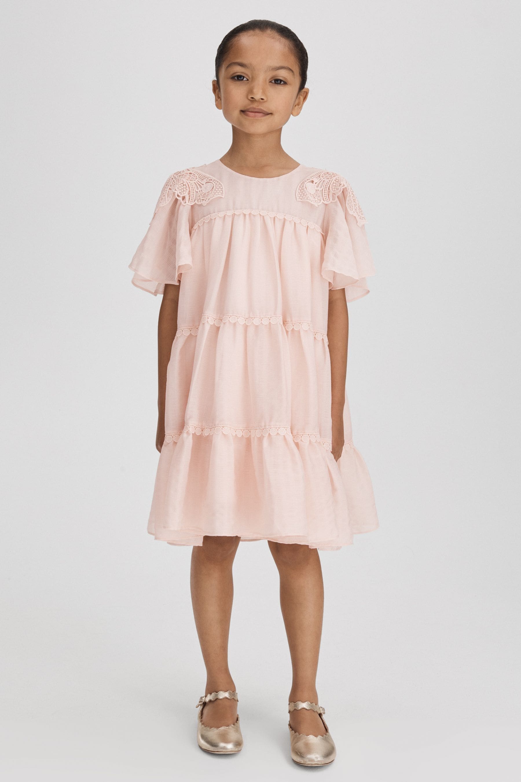 Reiss Leonie - Pink Teen Tiered Embroidered Dress, Uk 13-14 Yrs