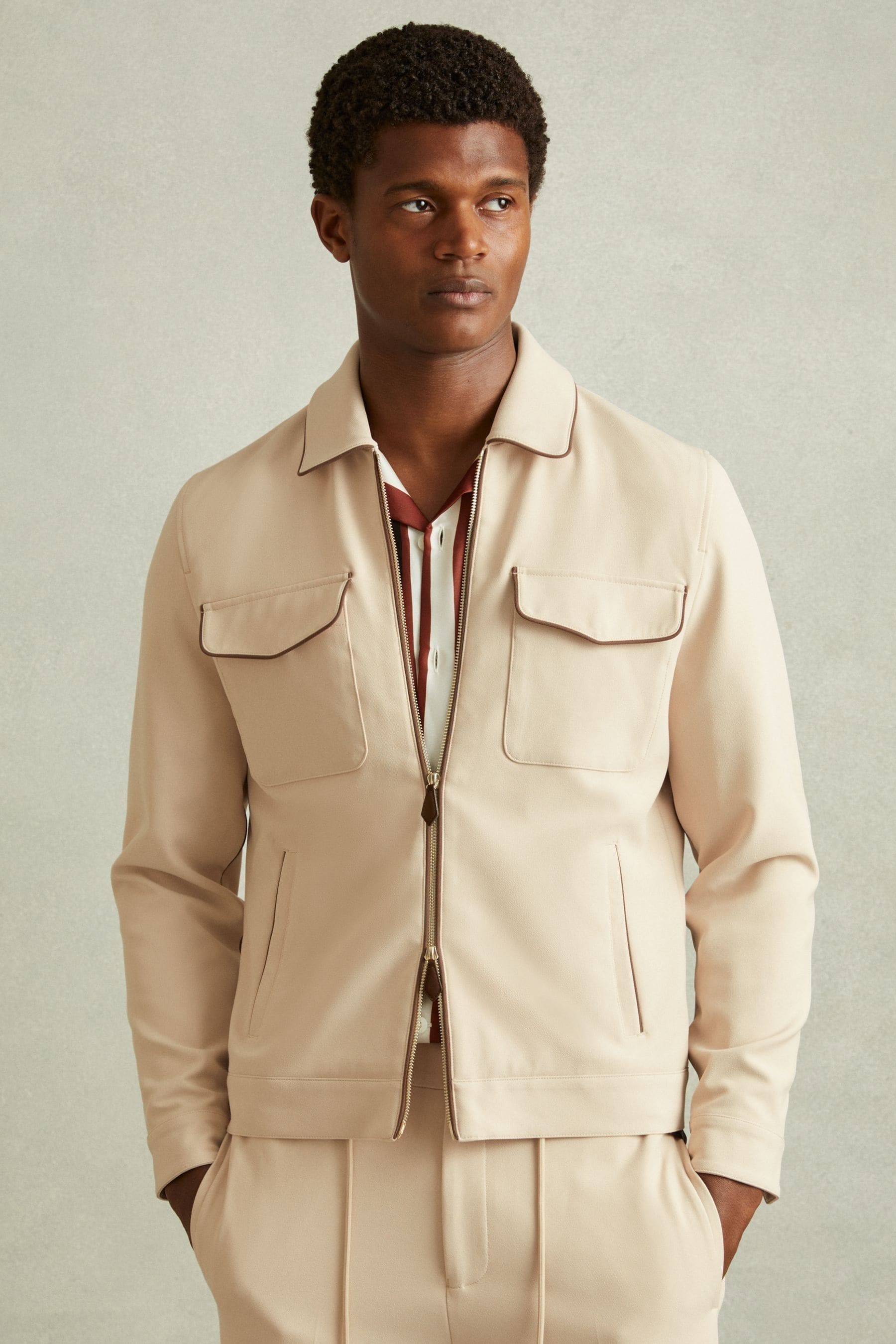 REISS ECRU/BROWN STRIPE ROY RELAXED CONTRAST PIPE DETAIL JACKET