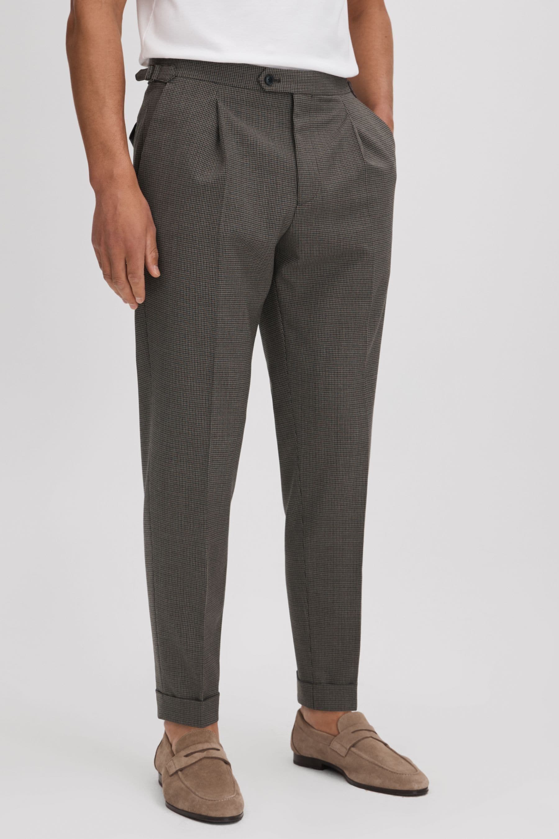 Reiss Rumble - Brown Slim Fit Wool Blend Puppytooth Trousers, 38
