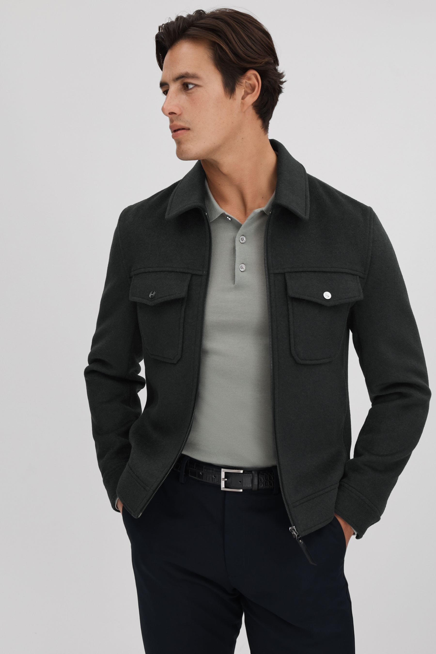 Shop Reiss Peridoe - Dark Forest Green Wool Blend Zip-through Jacket, L