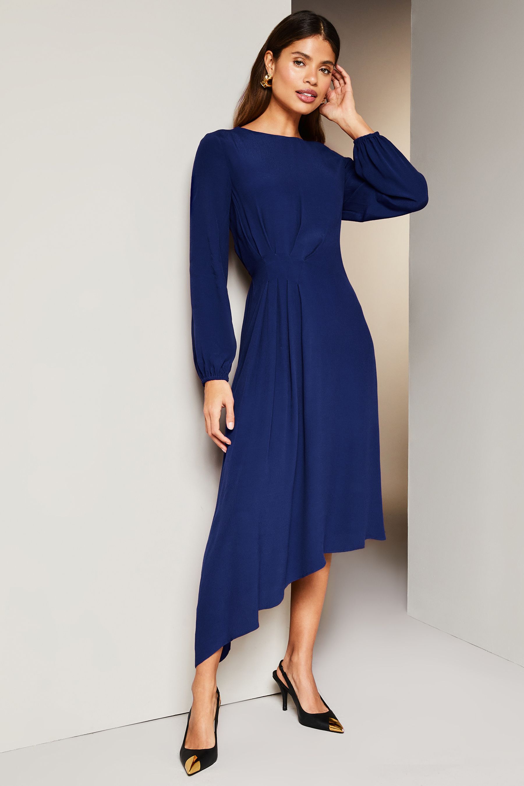 Womens Lipsy Navy Blue Long Sleeve Asymmetric Pleated Midi Dress - Navy Blue  Reviews | Next Reviews