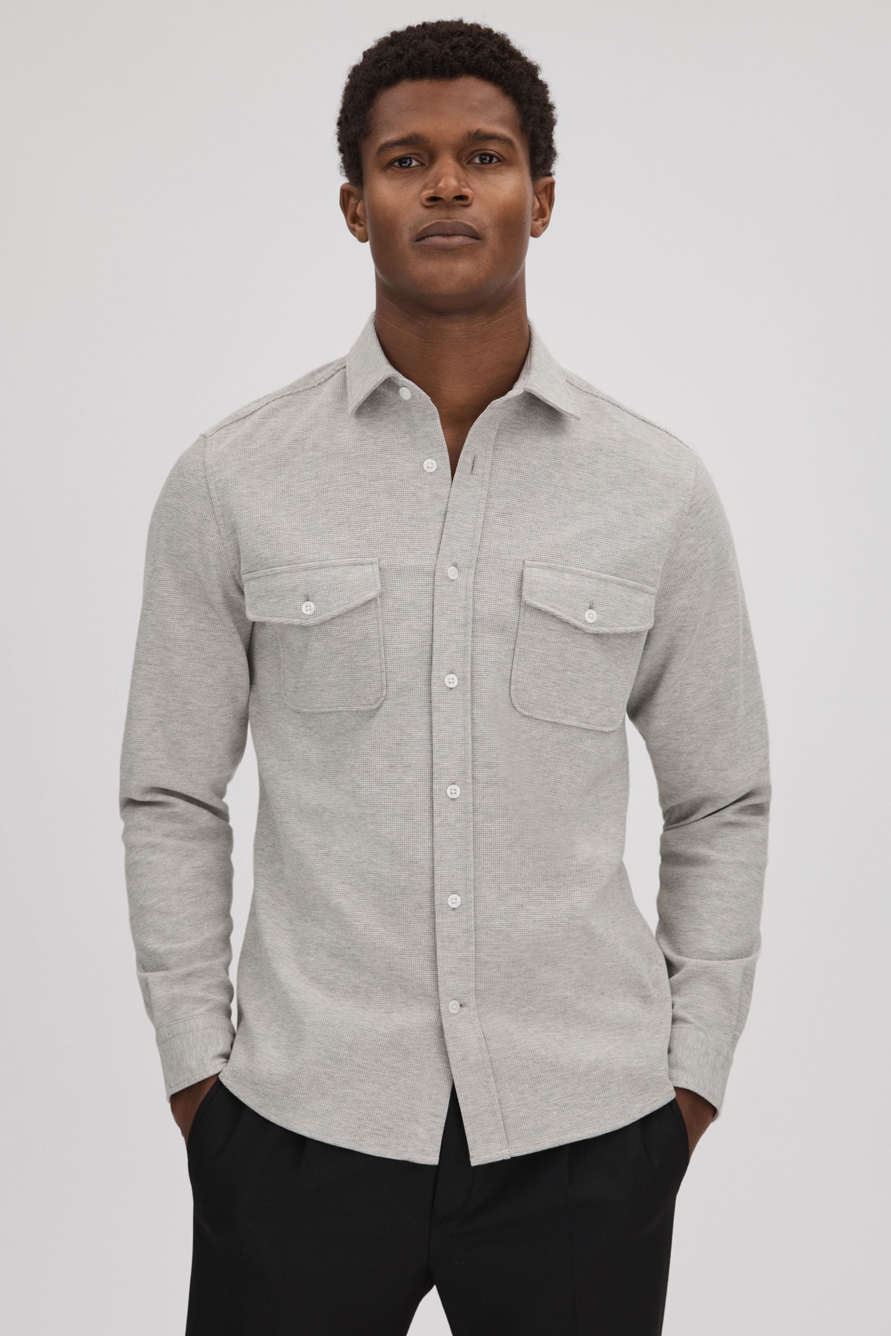 Shop Reiss Ragan - Soft Grey Melange Textured Button-through Shirt, Xl