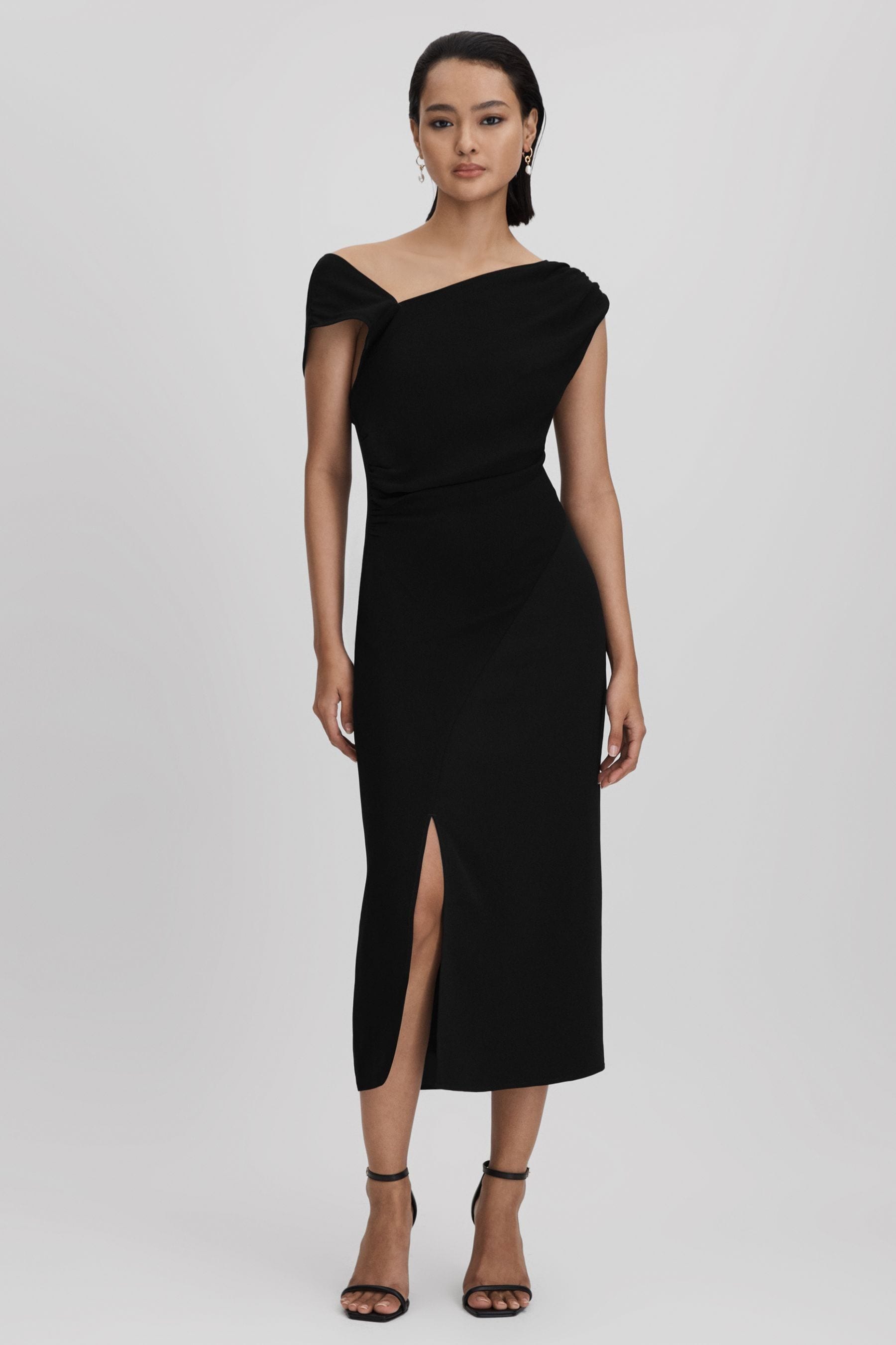 Shop Reiss Miller - Black Asymmetric Bodycon Midi Dress, Us 2