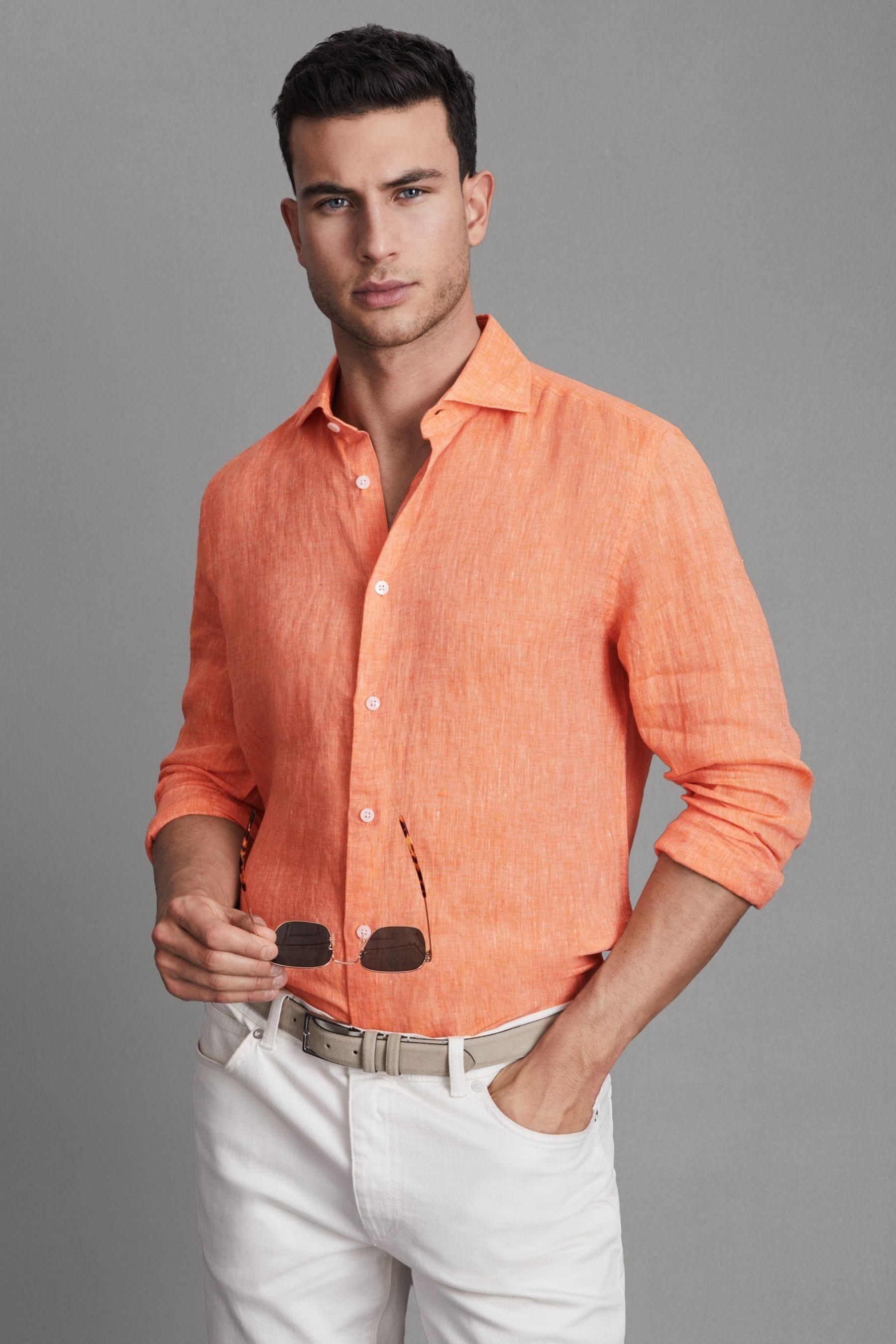 Reiss Ruban - Peach Linen Button-through Shirt, Xxl