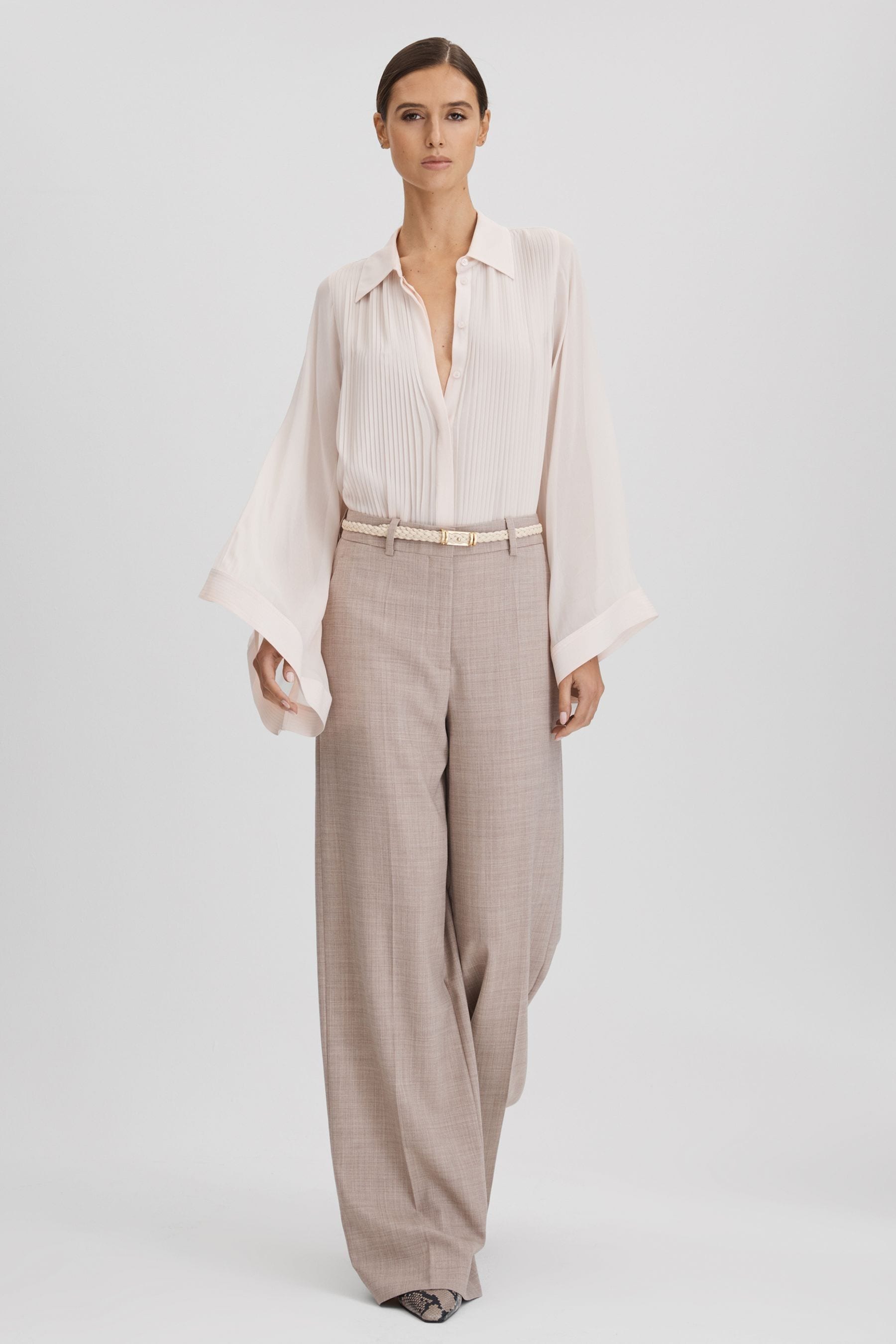 Reiss Magda Blouse Polyester Semi Sheer, Nude Size: 12