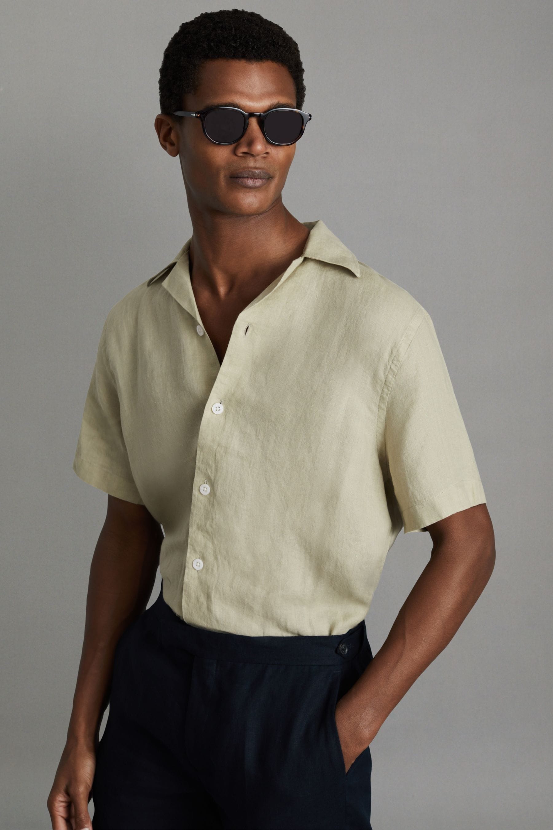 Reiss Beldi - Chartreuse Relaxed Linen Cuban Collar Shirt, Xs