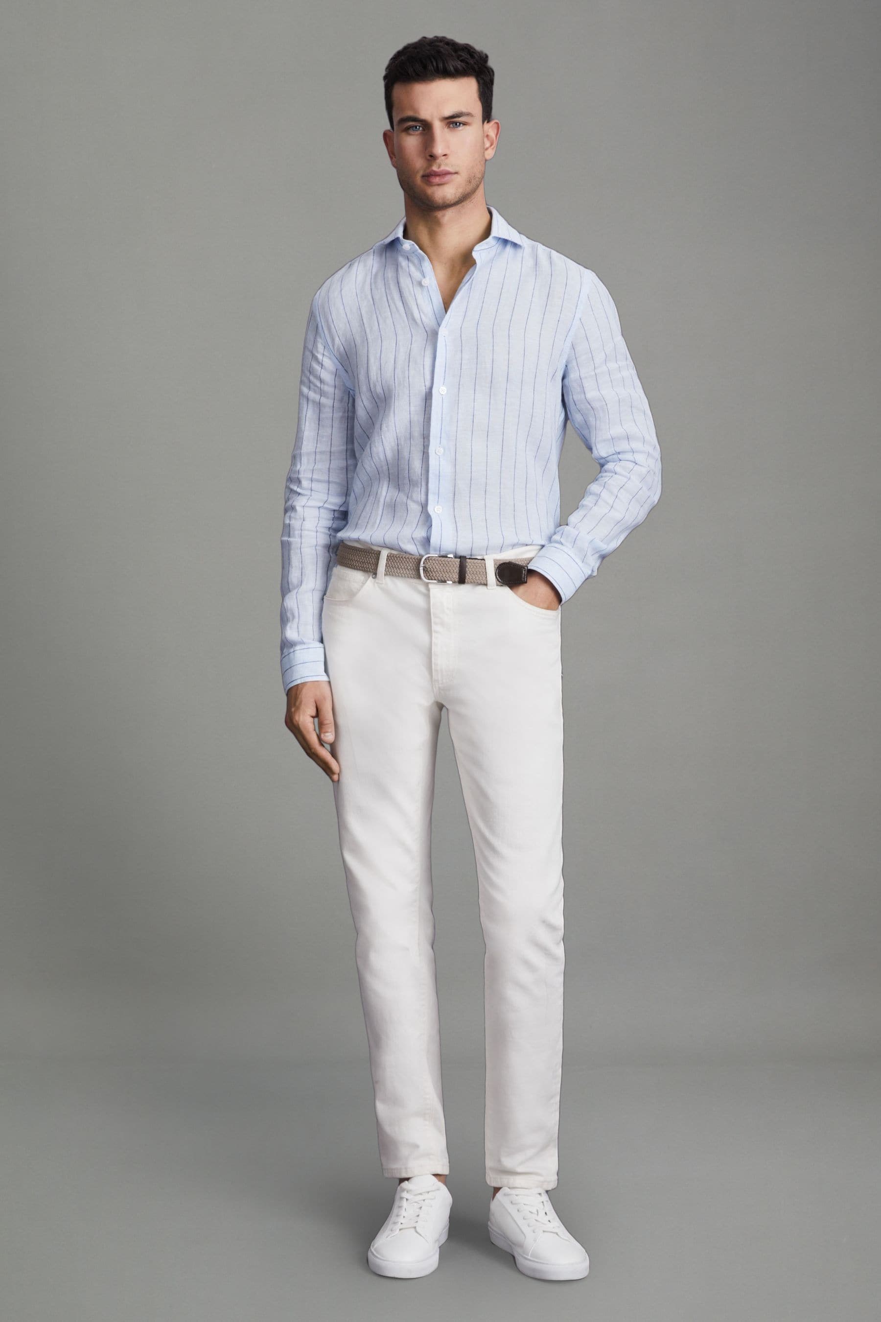 Reiss Ruban - Soft Blue Pin Stripe Linen Button-through Shirt, S