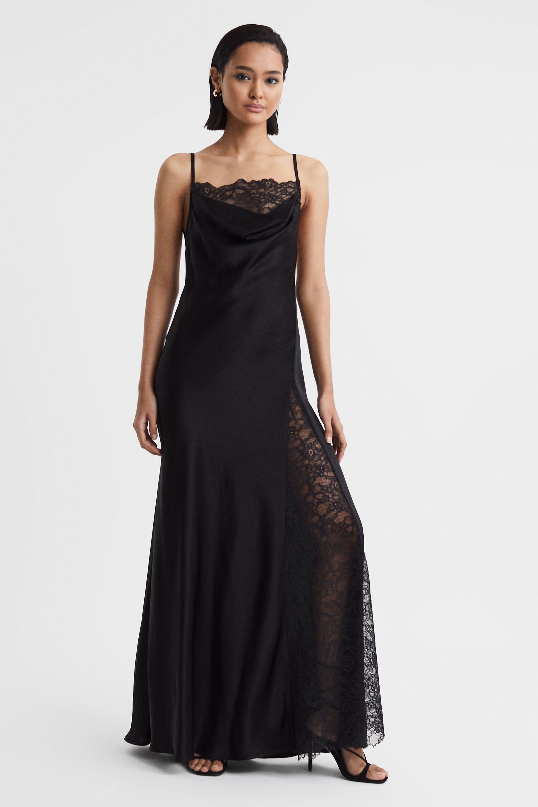 Anna Quan Satin Lace Cowl Neck Maxi Dress, Black, 14