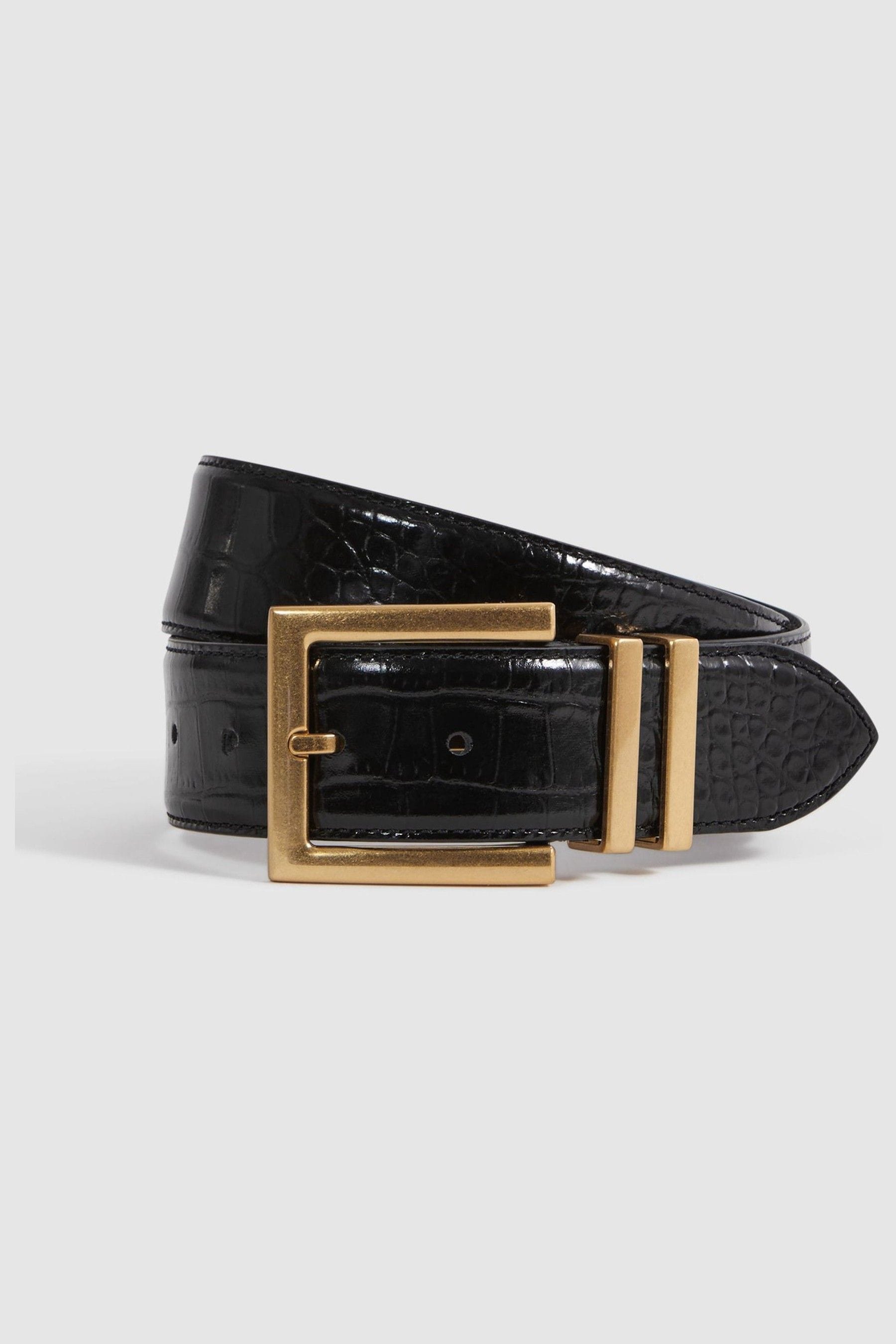 Reiss Brompton - Black Patent Leather Crocodile Design Belt, S