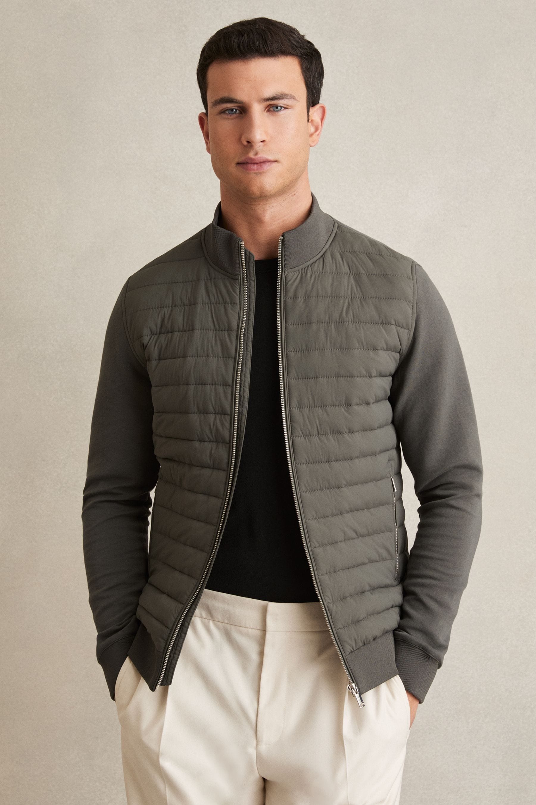 Reiss Sage Freddie Hybrid Quilt And Knit Zip-through Jacket