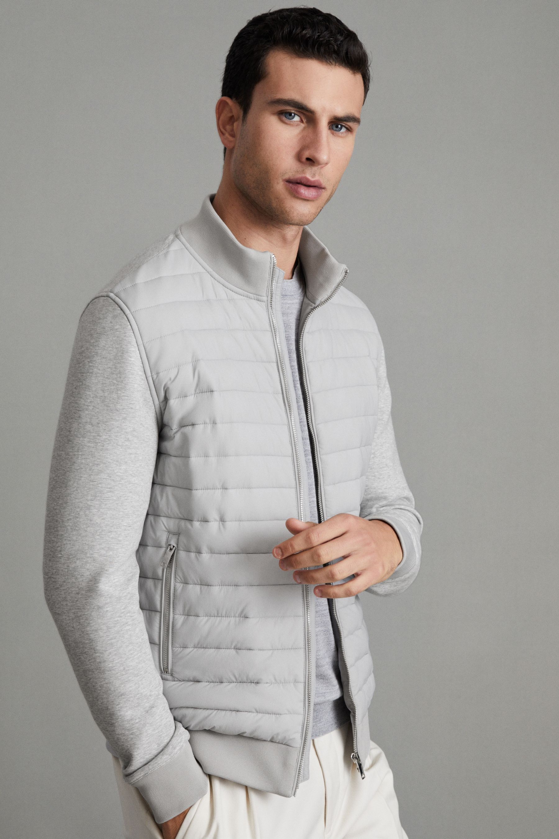 Reiss Freddie - Soft Grey Melange Hybrid Quilt And Knit Zip-through Jacket, L