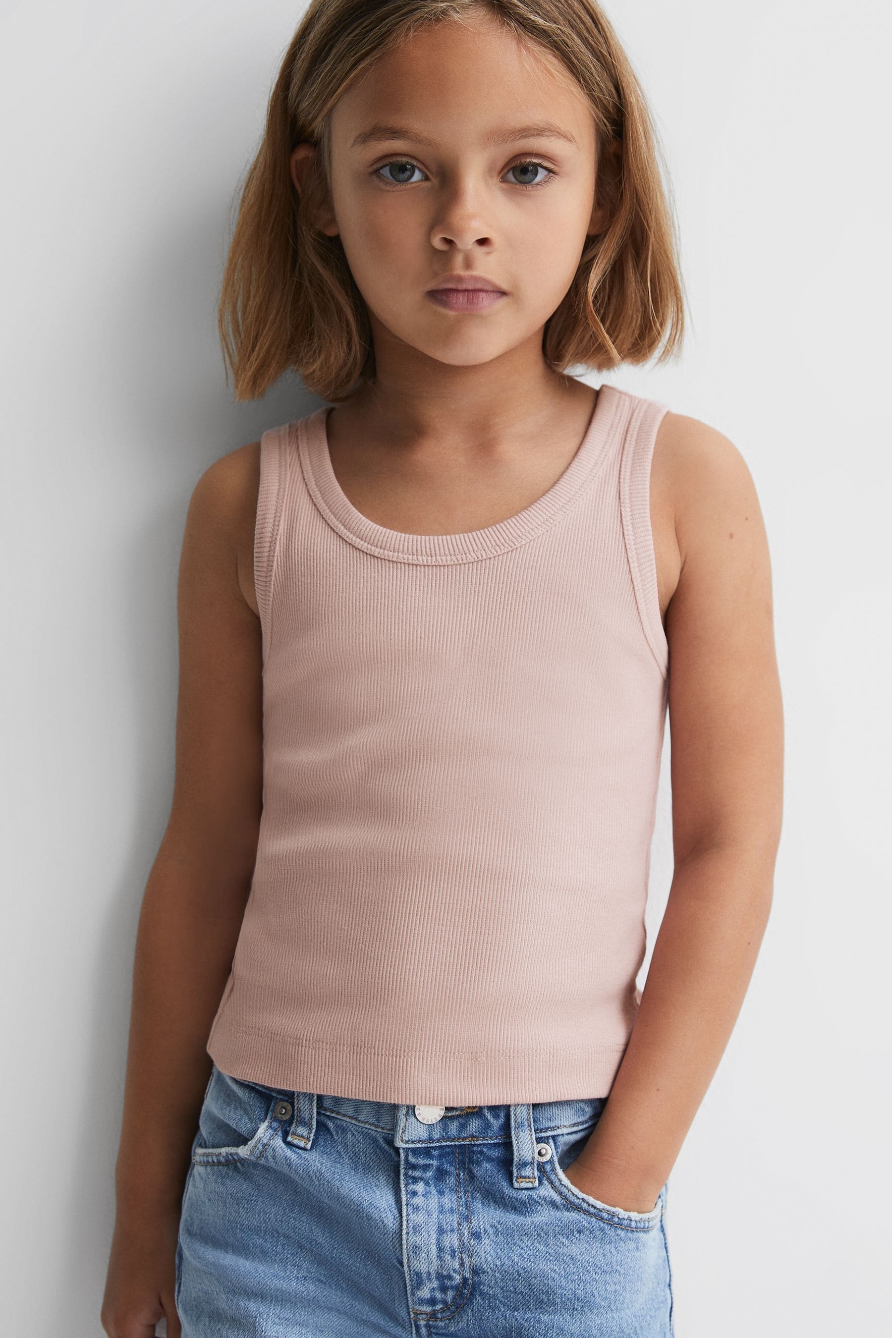 Reiss Kids' Violet - Pale Pink Junior Cotton Blend Ribbed Vest, Age 4-5 Years