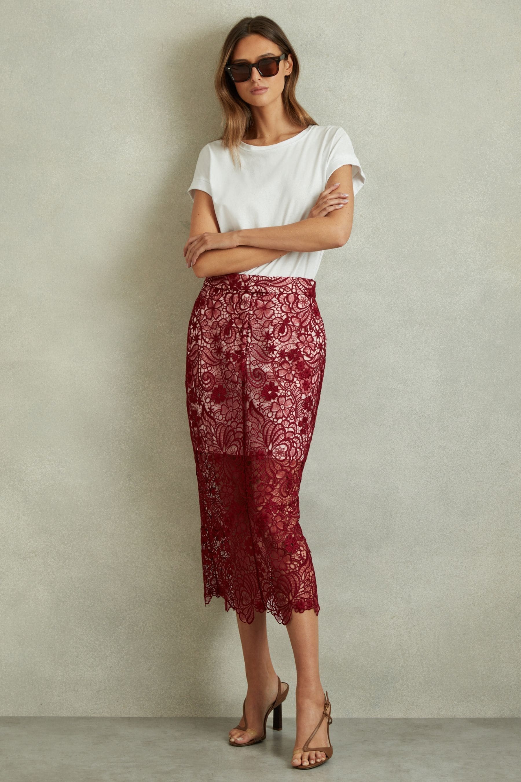 Shop Reiss Flo - Burgundy Sheer Lace Midi Pencil Skirt, Us 2