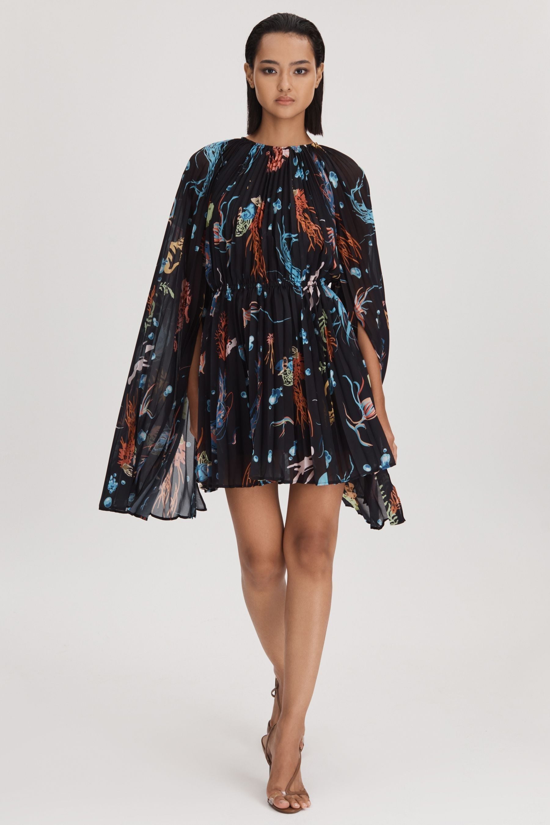 Shop Leo Lin Pleated Bell Sleeve Mini Dress In Twilight Print Black