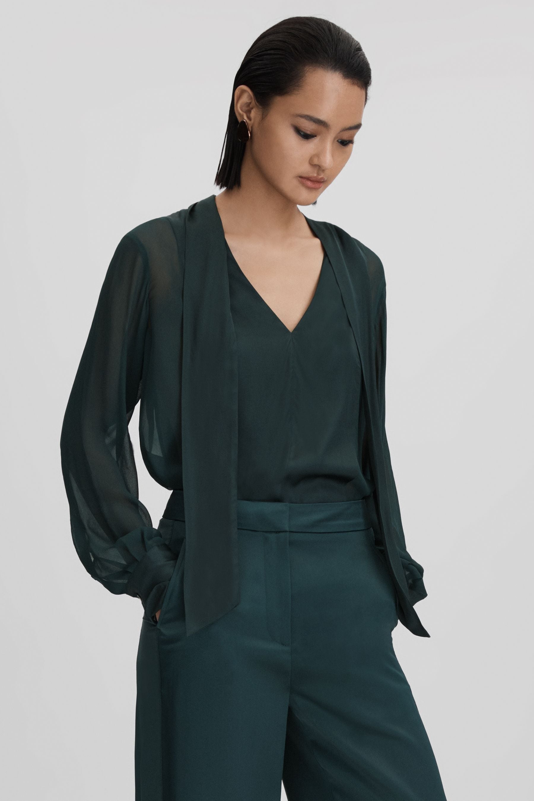 Reiss Green Semi Sheer Satin Tie Neck Blouse, 8