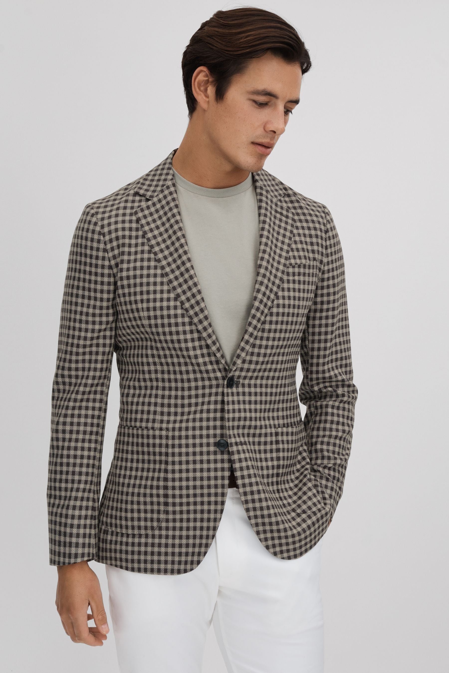 Reiss Brown Multi Nano Wool Blend Check Single Breasted Blazer In Brown Multi