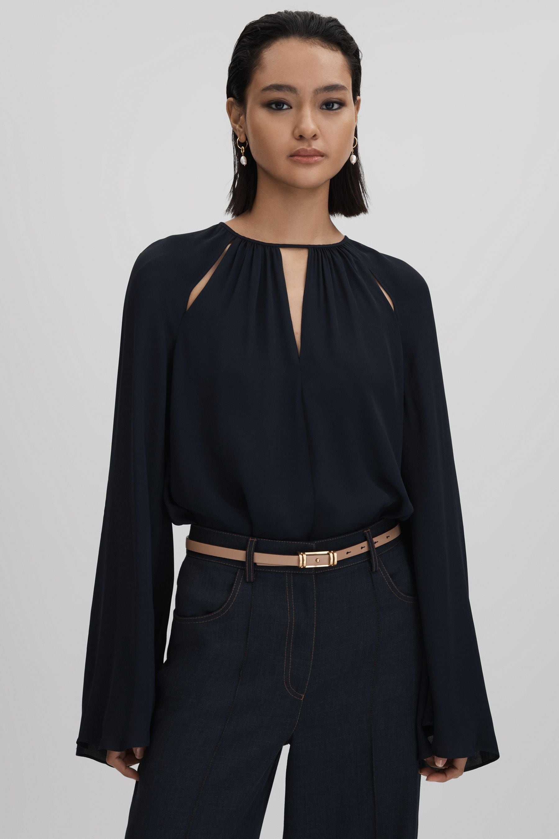 Reiss Gracie - Navy Cut-out Flute Sleeve Blouse, Us 2