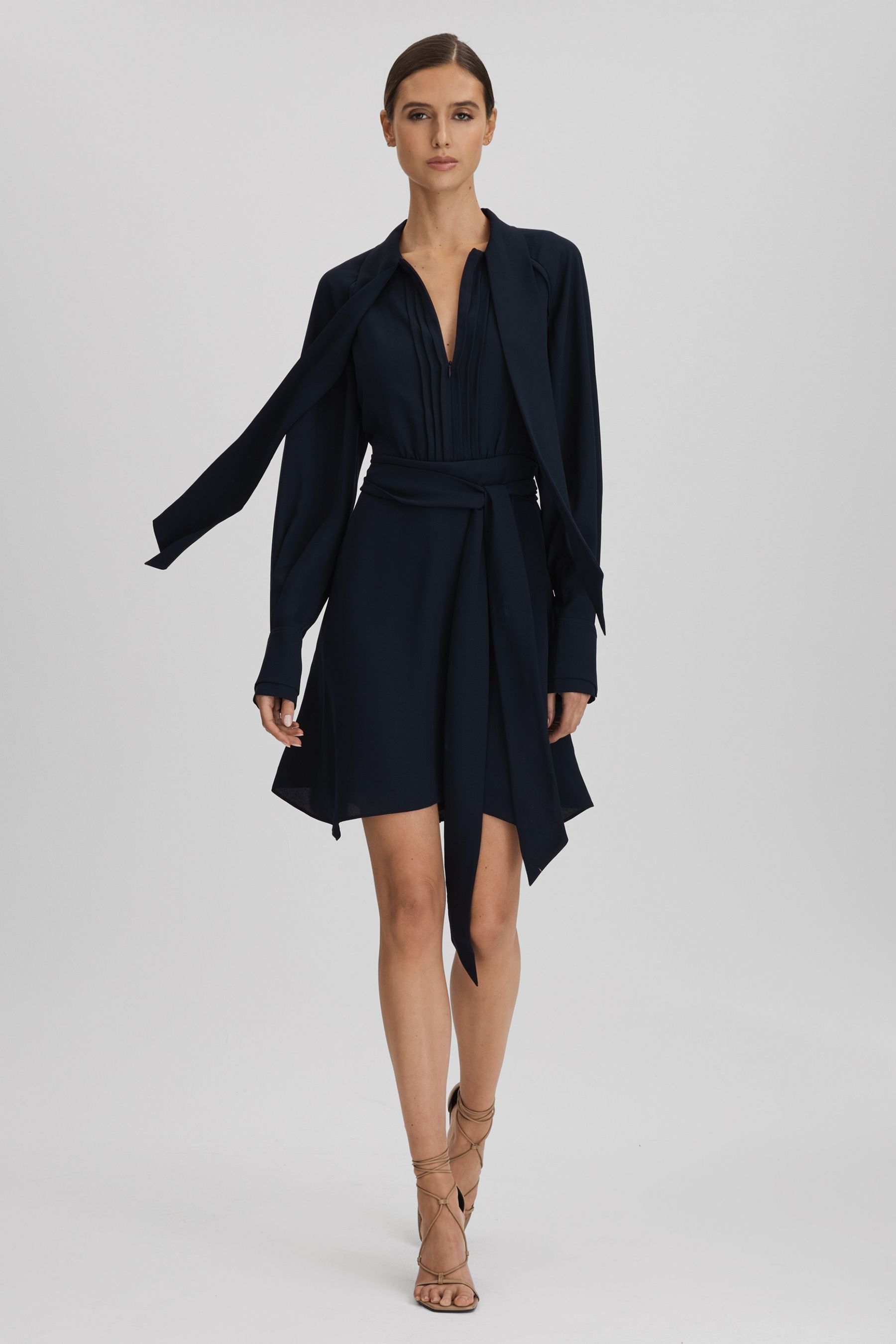 Shop Reiss Ellie - Navy Tie Neck Zip Front Mini Dress, Us 4