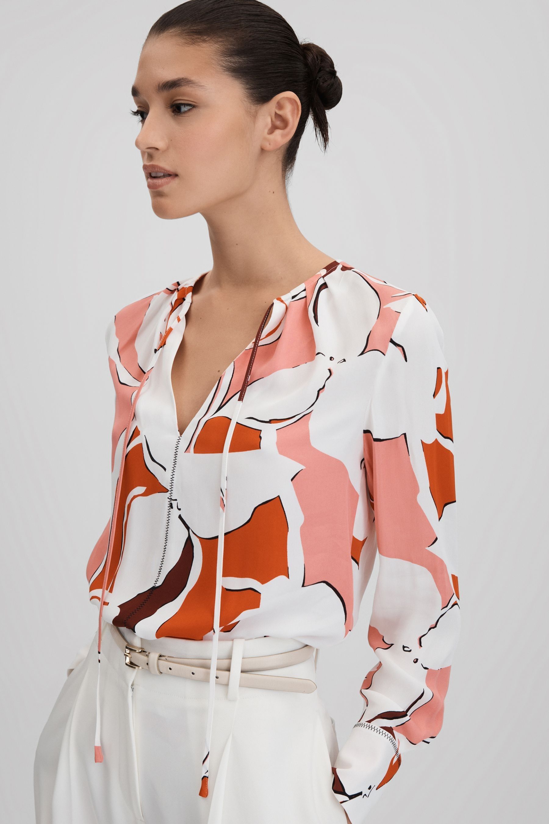 Reiss Cream/Red Printed Tie Neck Blouse, 4