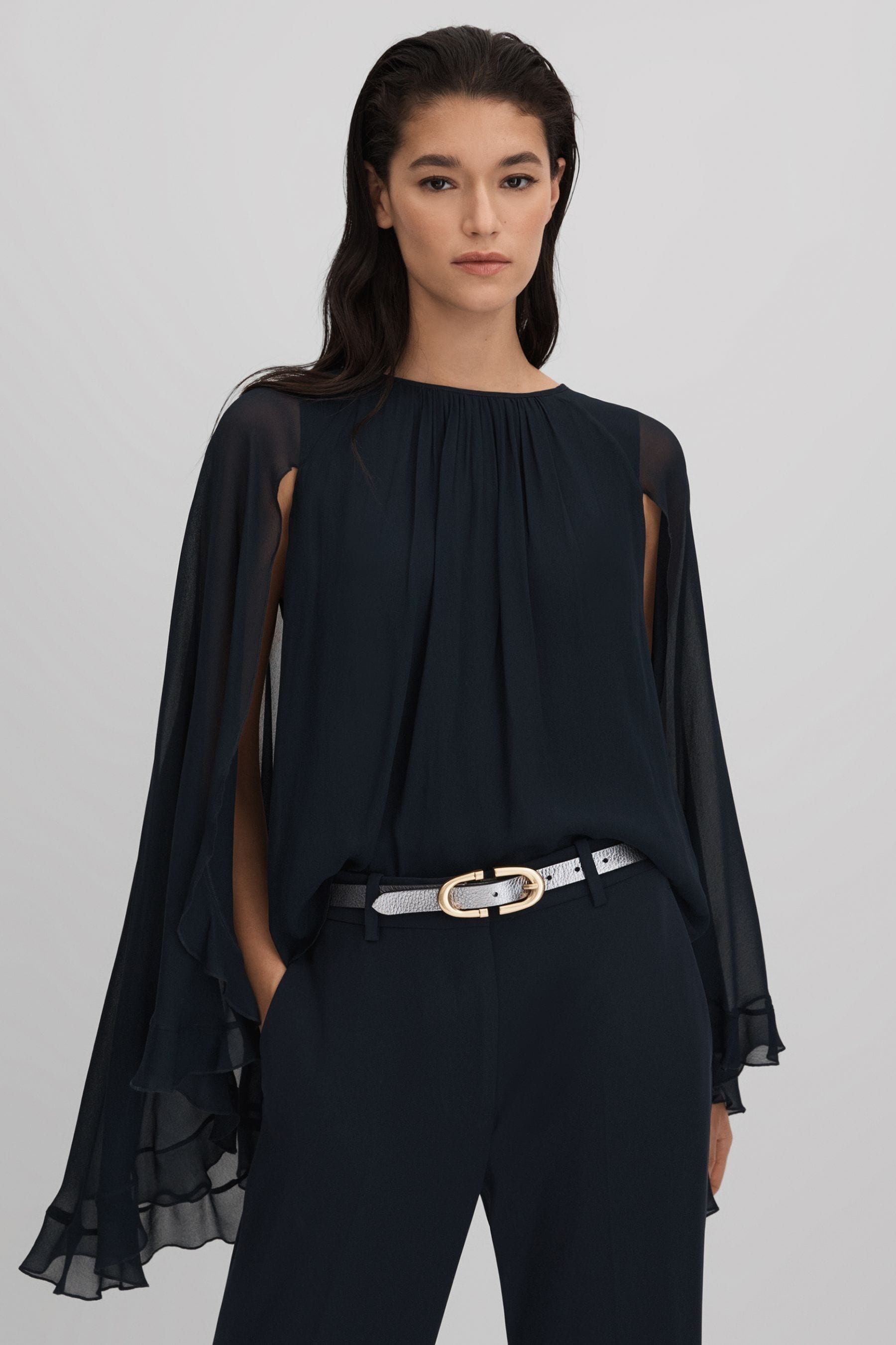 Reiss Francesca - Navy Pleated Cape Style Top, Us 4