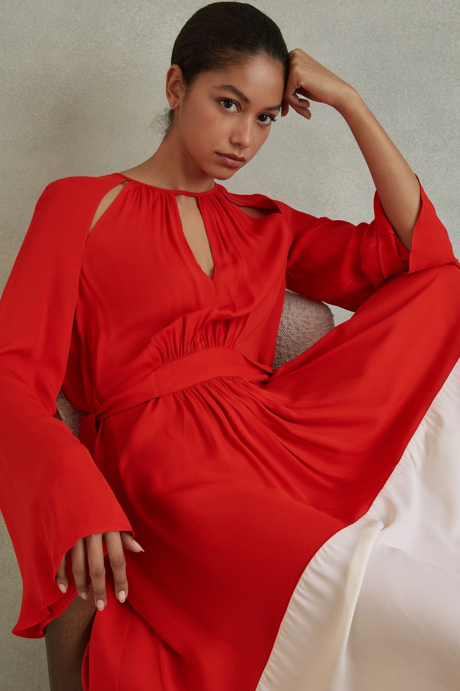 Shop Reiss Luella - Red/cream Colourblock Fit-and-flare Midi Dress, Us 2