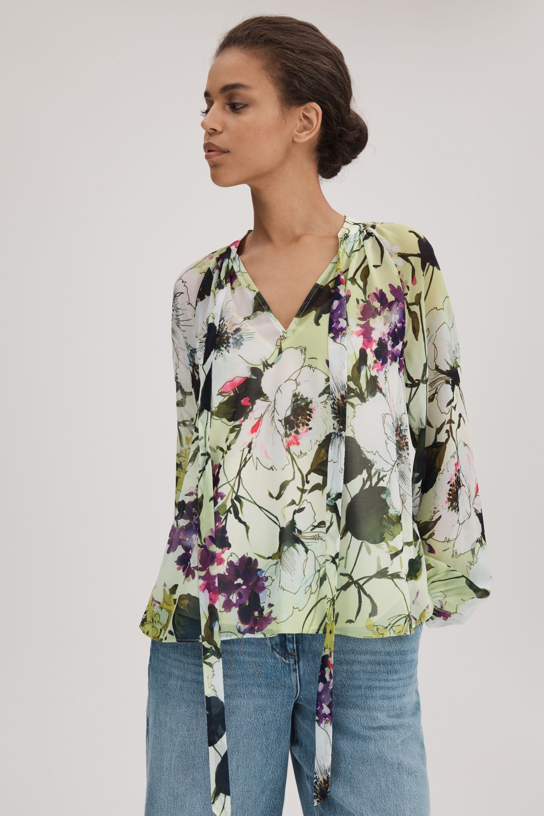 Florere Printed Tie Neck Blouse, Multi, 14