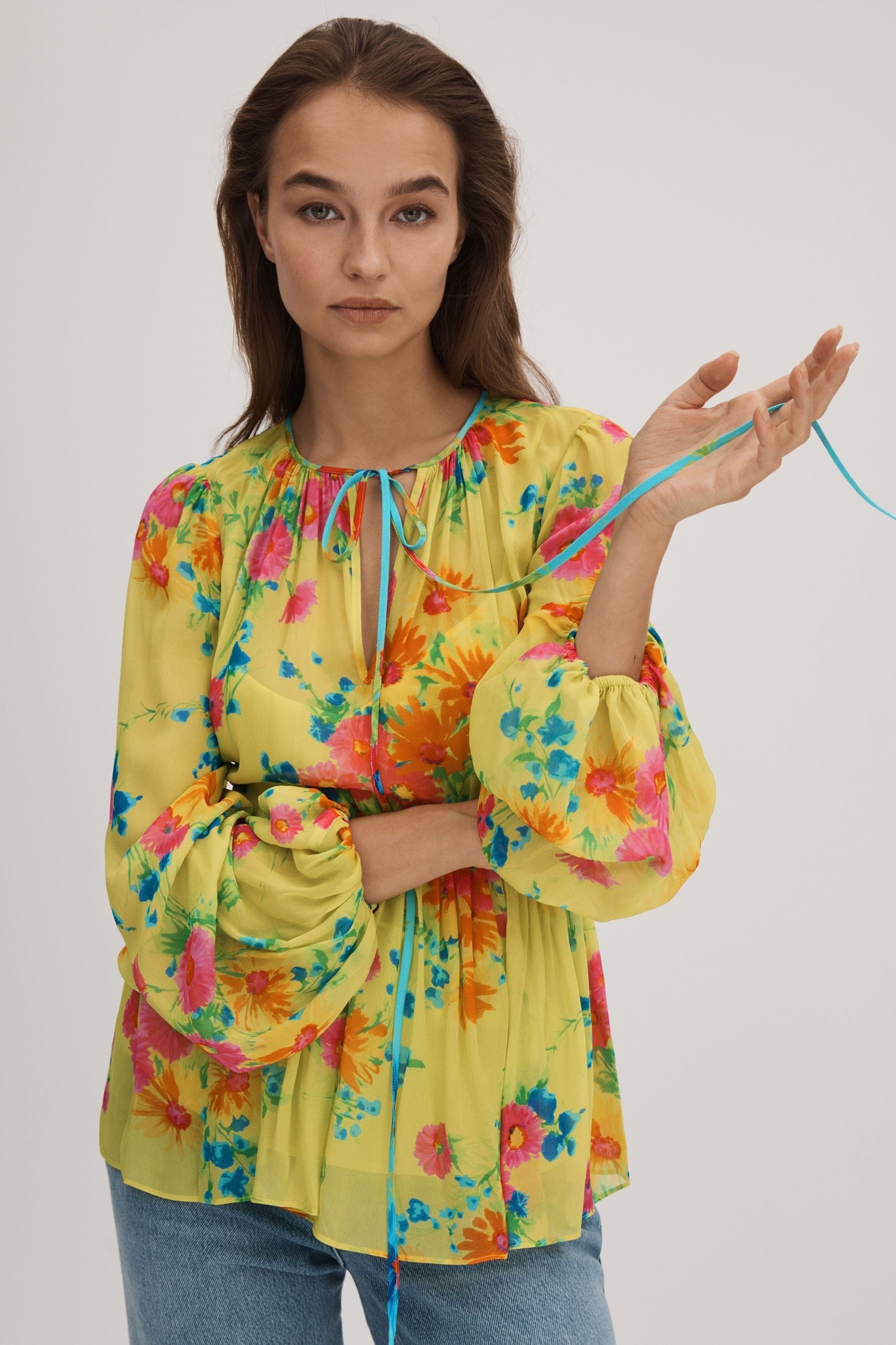 Shop Florere Printed Tie Neck Blouse In Lime