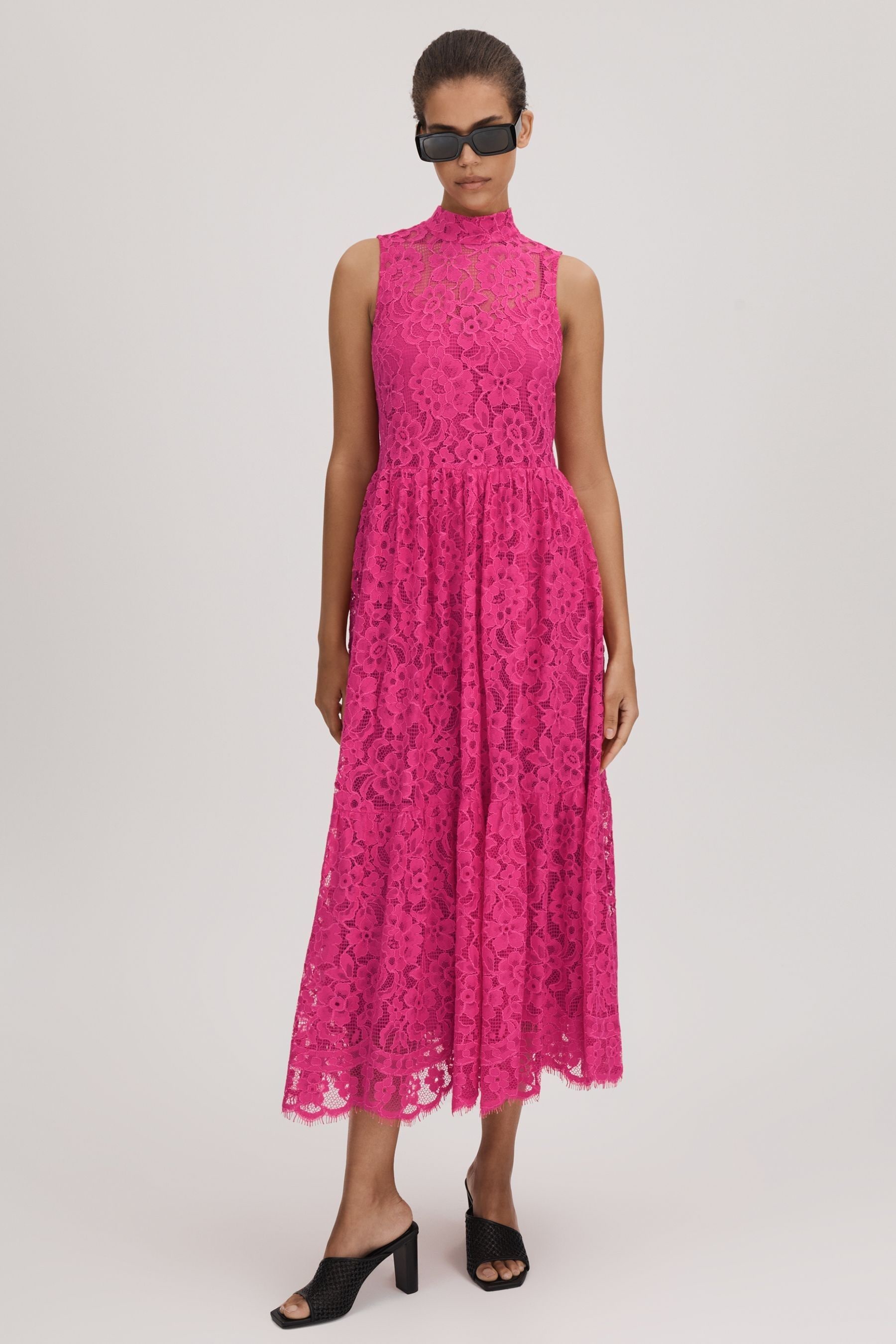 Shop Florere Lace Tie Back Midi Dress In Bright Pink