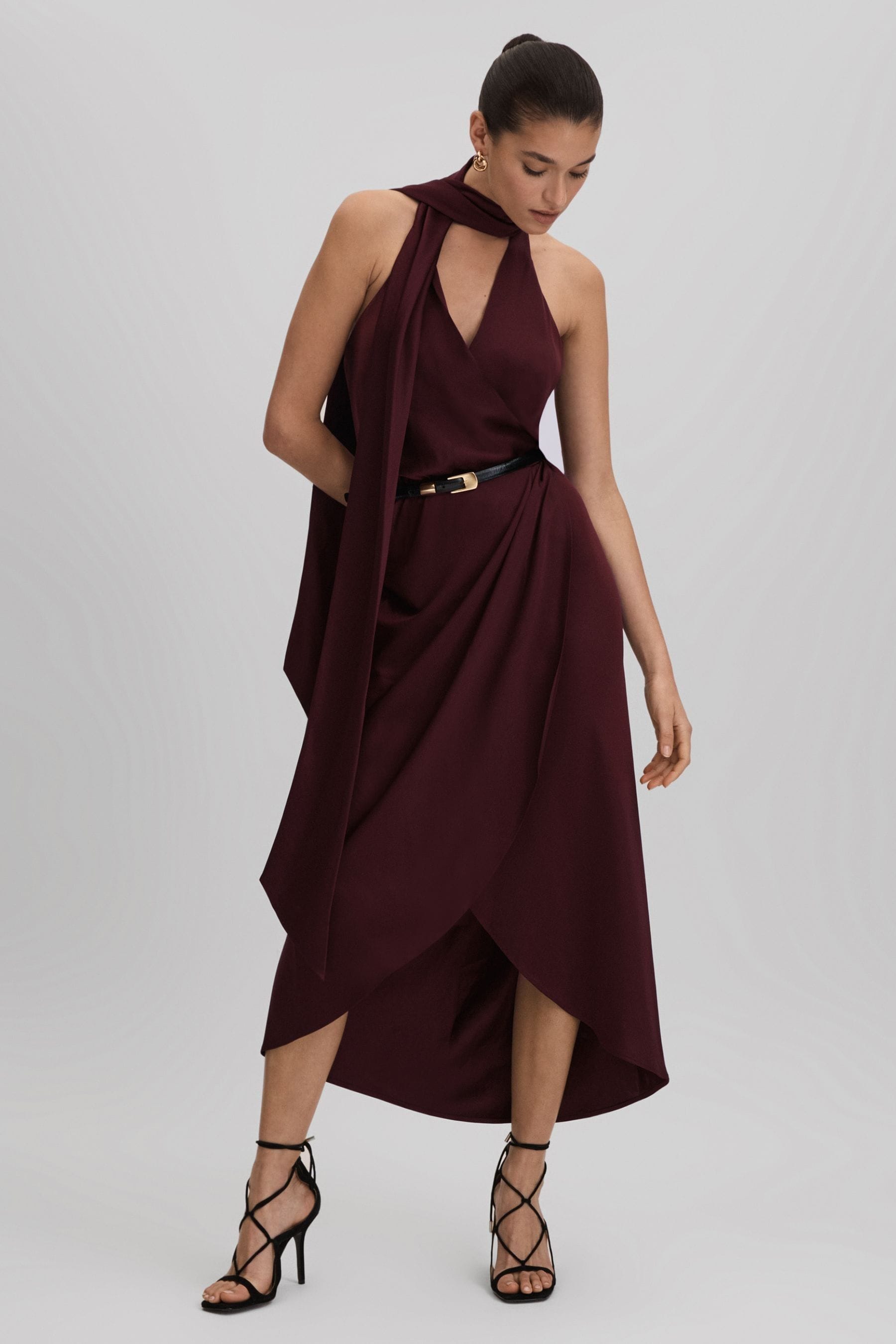 Reiss Tayla - Burgundy Satin Wrap Front Midi Dress, Us 10