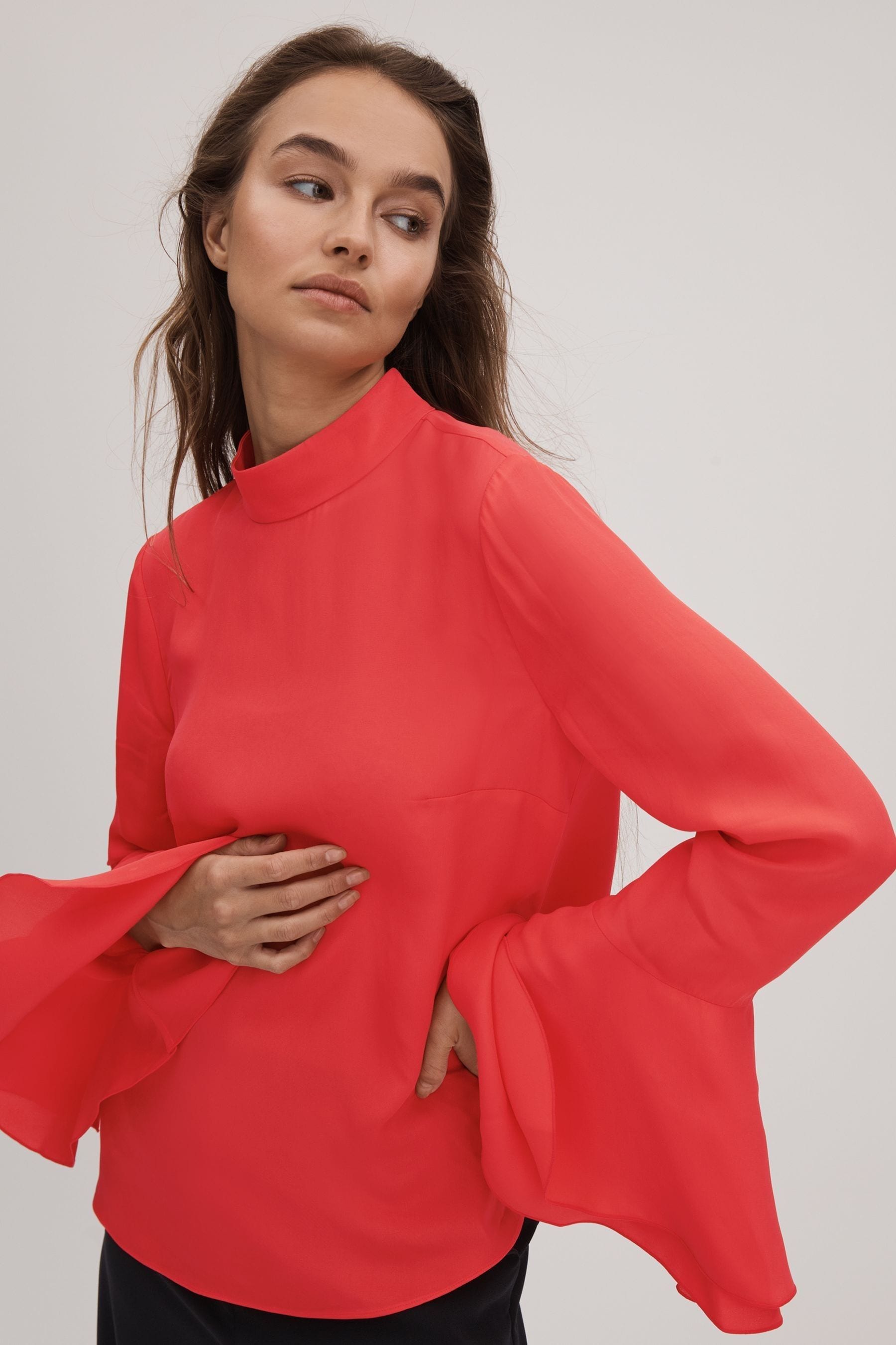 Florere Fluted Cuff Blouse In Deep Coral