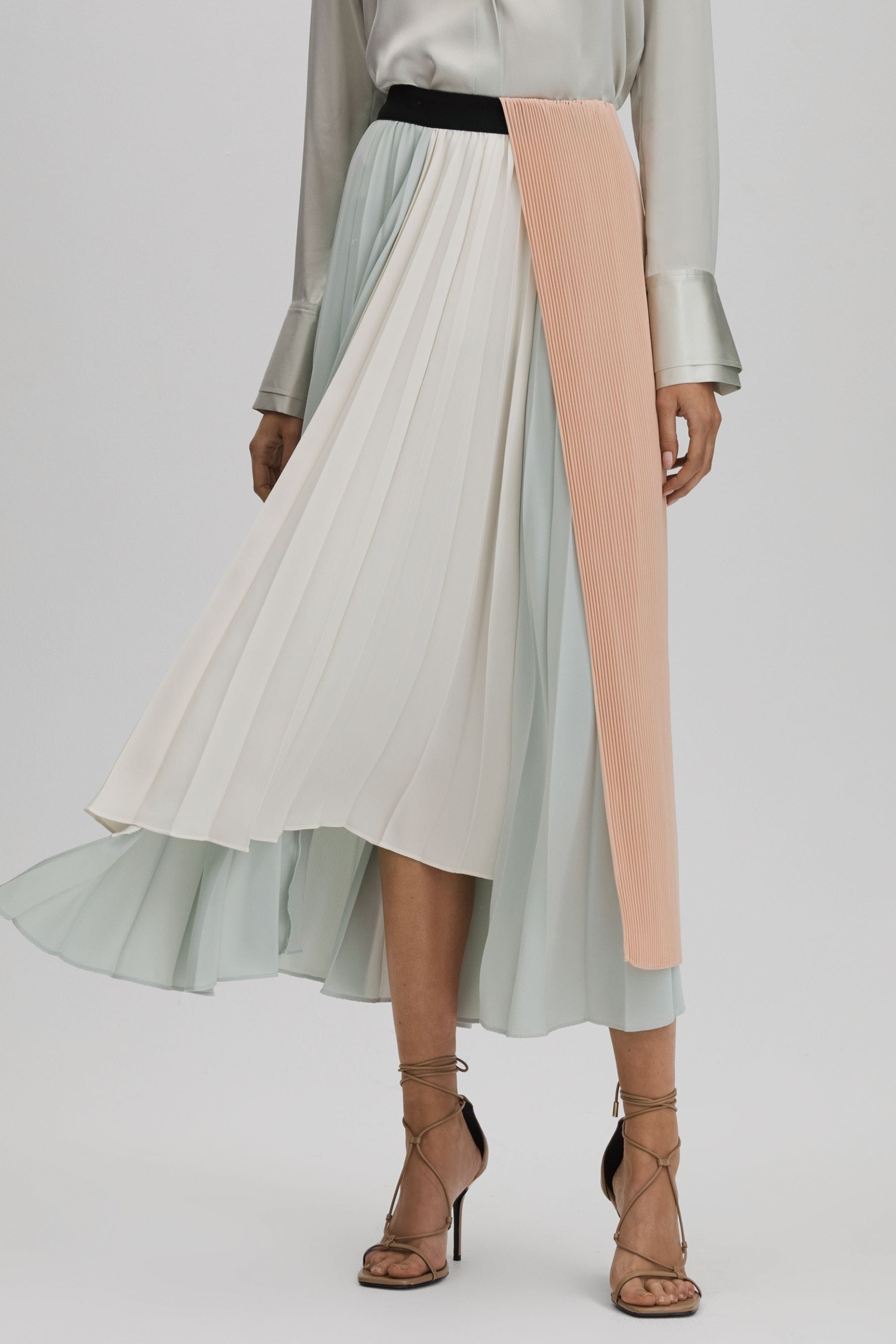 Shop Reiss Maddie - Pink/cream Pleated Asymmetric Midi Skirt, Us 6