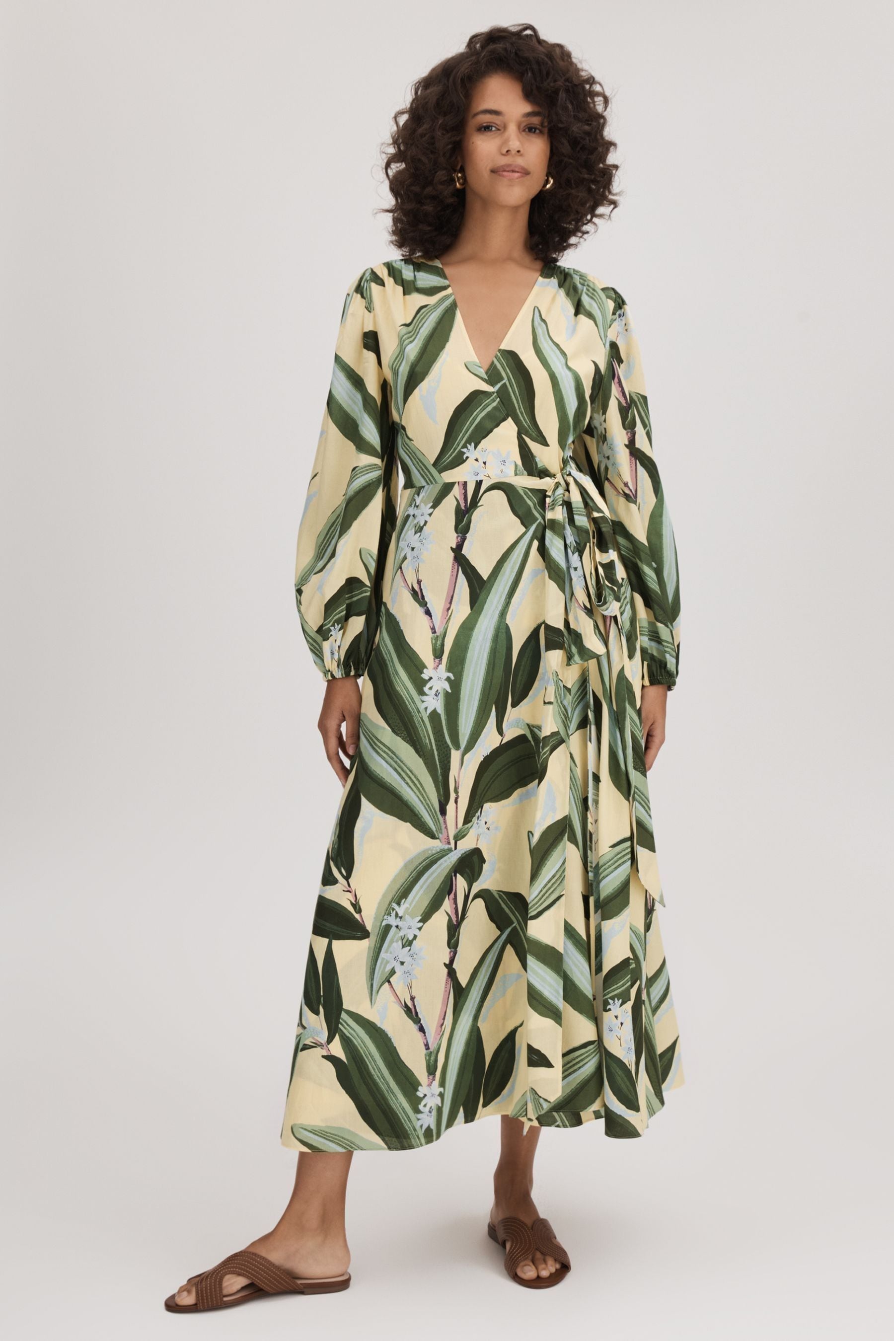 Florere Printed Wrap Midi Dress, Pale Yellow, 14