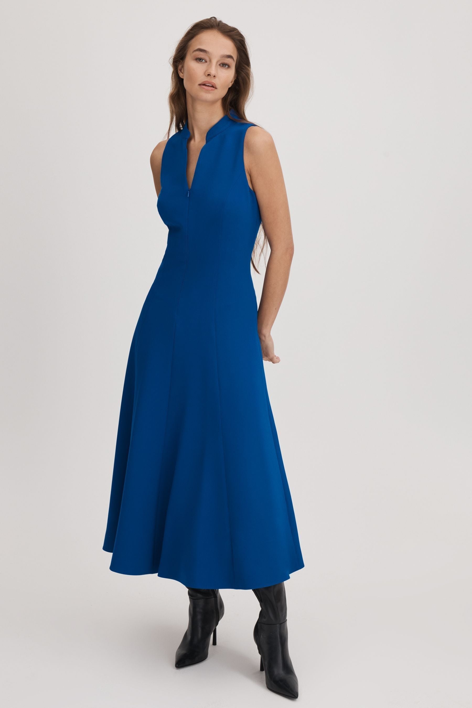 Florere Zip Front Midi Dress In Bright Blue