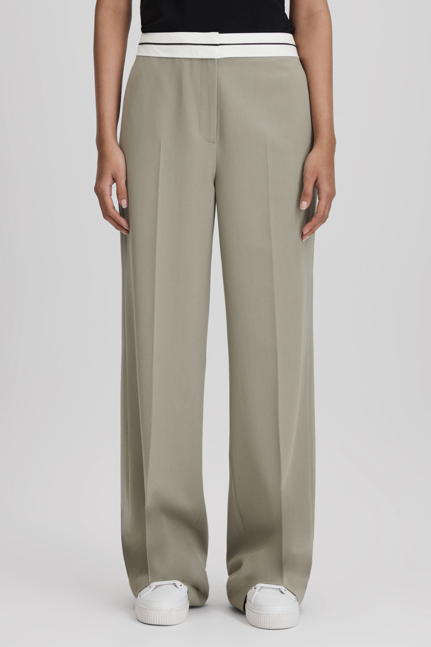 Shop Reiss Whitley - Green Contrast Waistband Wide Leg Suit Trousers, Uk 4 L