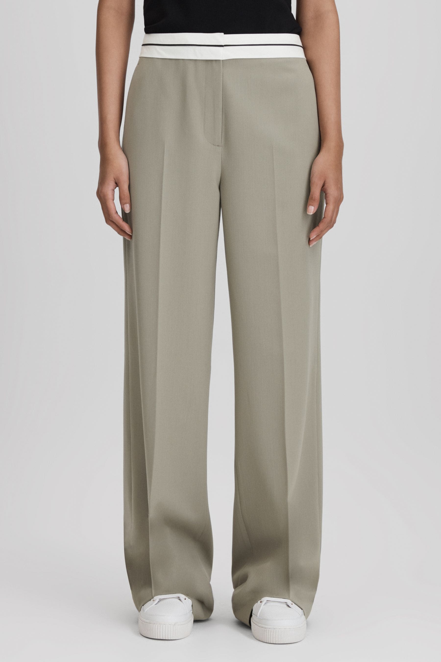 Reiss Green Contrast Waistband Wide Leg Suit Trousers In Green