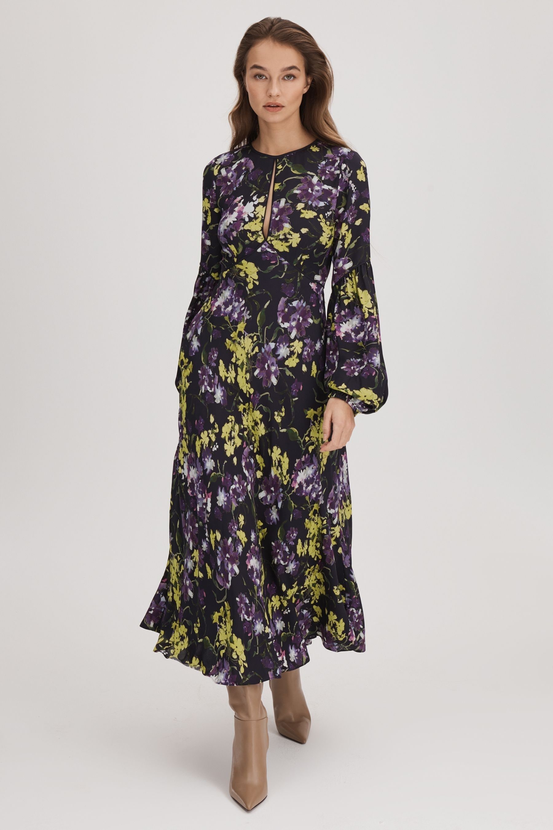 Florere Printed Blouson Sleeve Midi Dress In Dark Purple