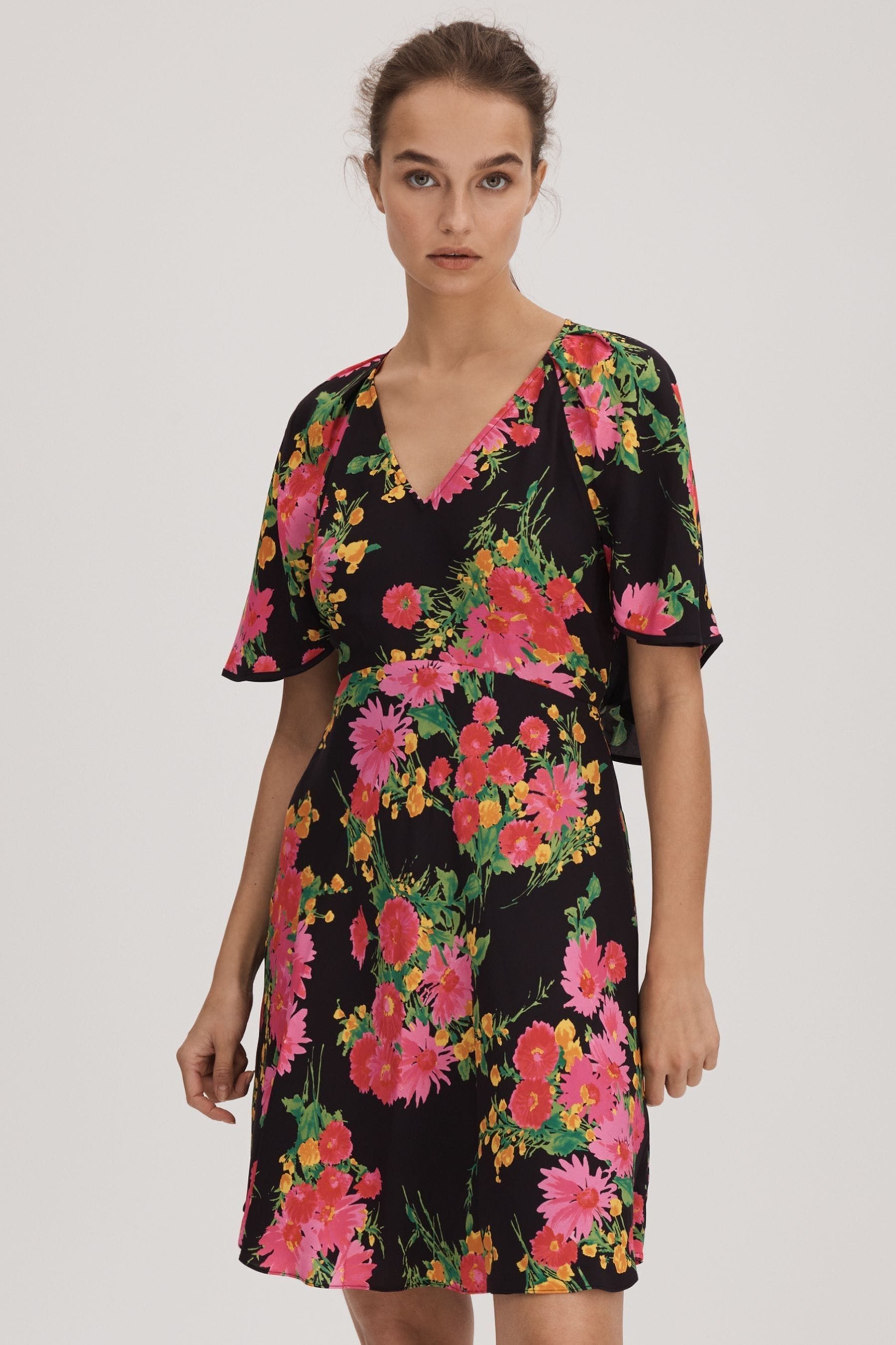 Florere Printed Cape Sleeve Mini Dress In Pink/black