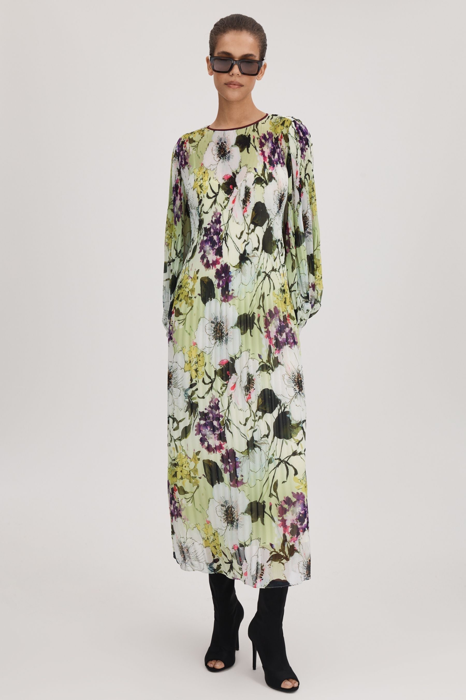 Florere Printed Blouson Sleeve Midi Dress, Multi, 10