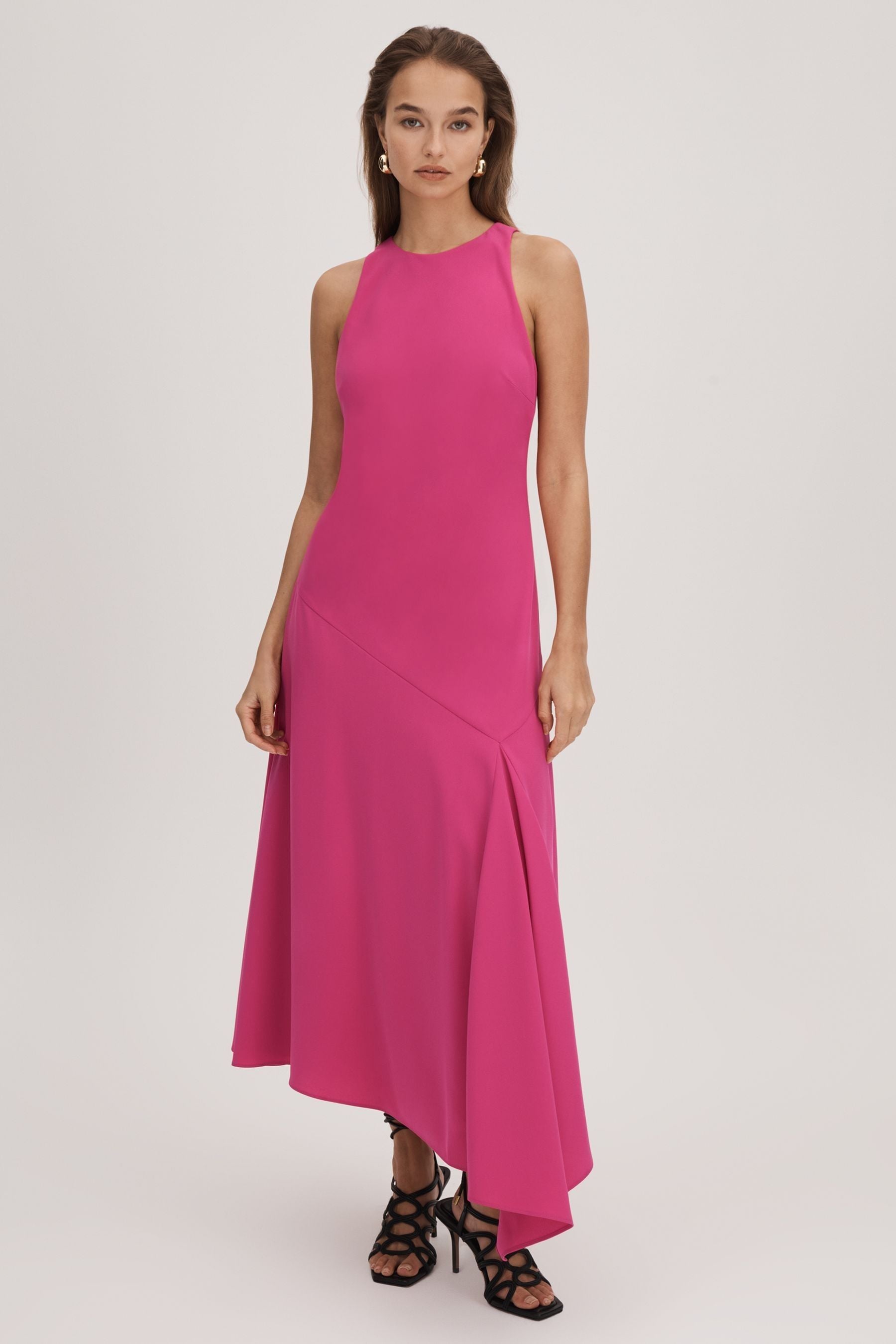 Florere Crepe Asymmetric Midi Dress In Deep Pink