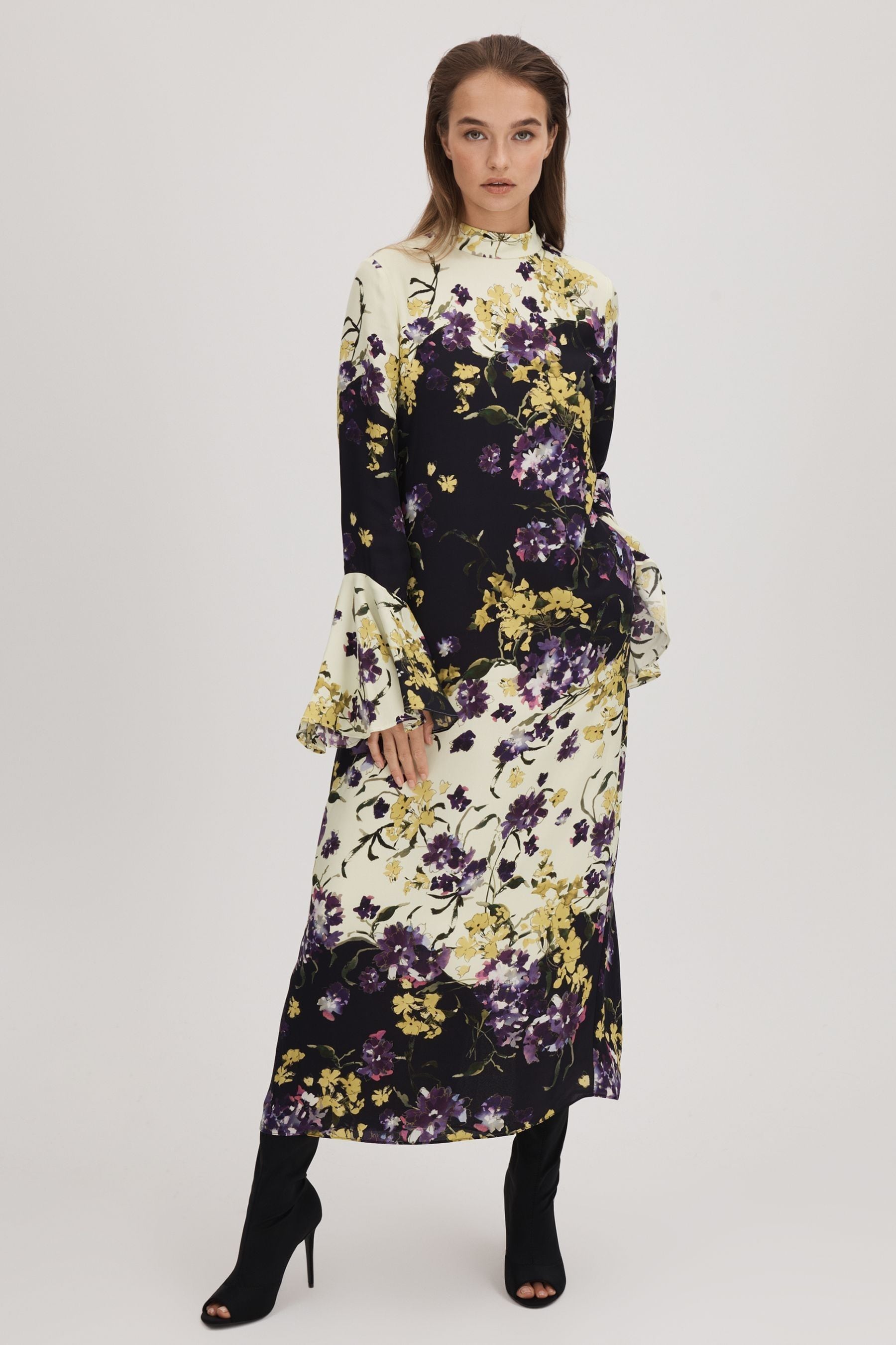 Florere Printed Fluted Cuff Midi Dress In Multi