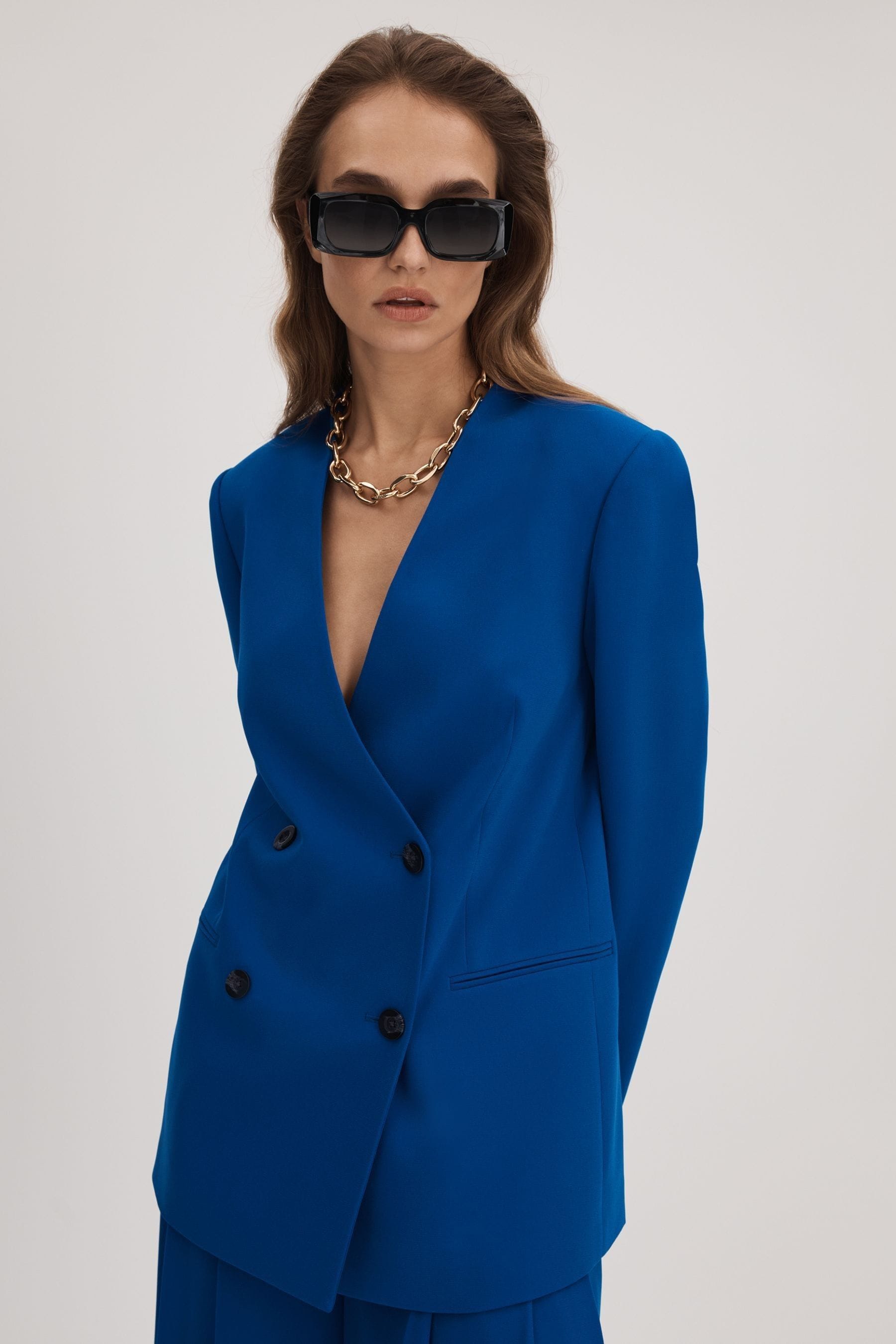 Florere Collarless Double Breasted Blazer In Bright Blue